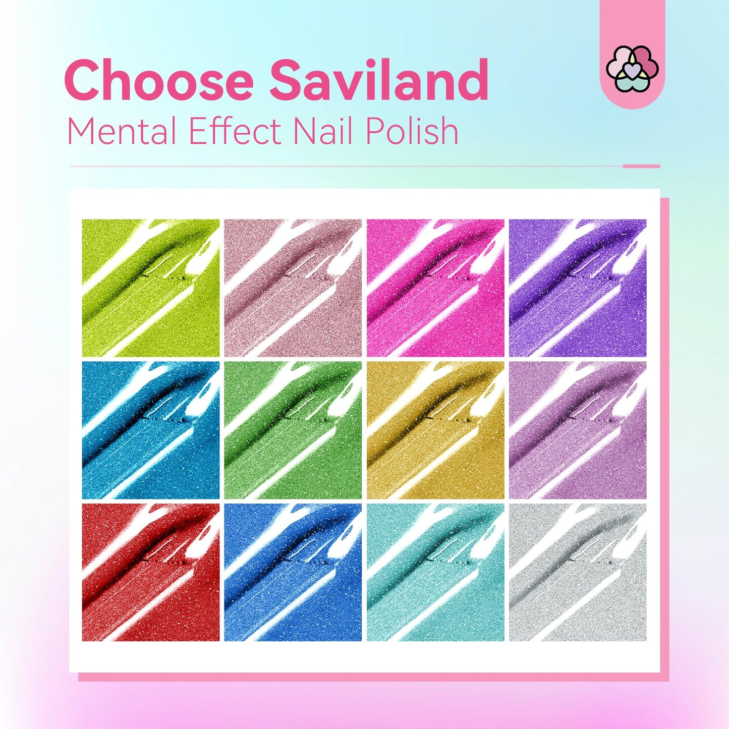 SAVILAND Metallic Nail Polish Set: 12 Colors Mirror Chrome Glitter Nail Polish 0.34 oz Holographic Red Silver Pink Nail Polish Quick-Dry Base Top Polish Coat for Fingernail Toenail French Manicure Art