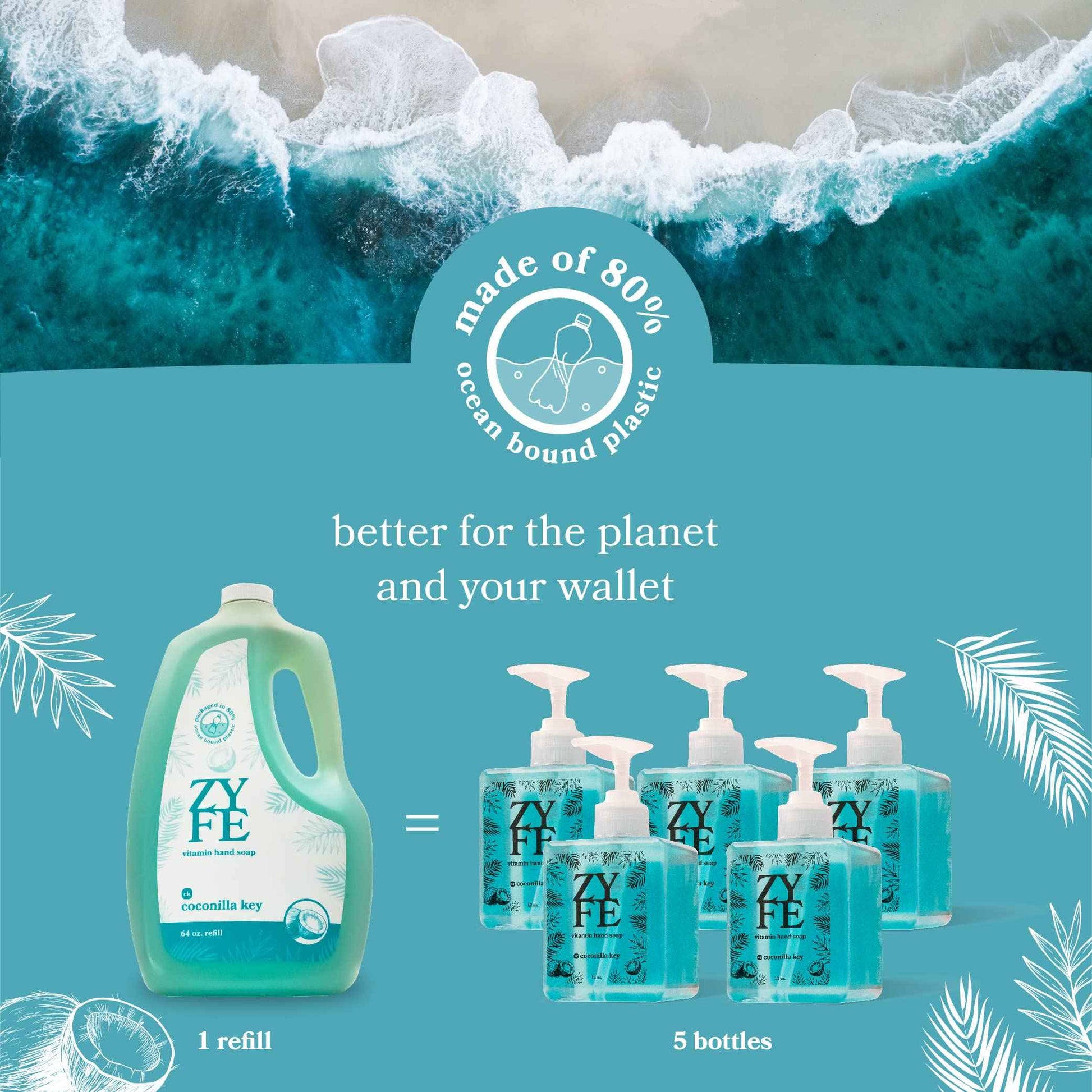 ZYFE Vitamin infused Liquid Hand Soap Refill - Natural Plant Derived Moisturizing Handsoap with Essential Oil Fragrance Coconilla Key - Soft Hand Wash for Kitchen & Bathroom - Lush Soft Soap 64oz