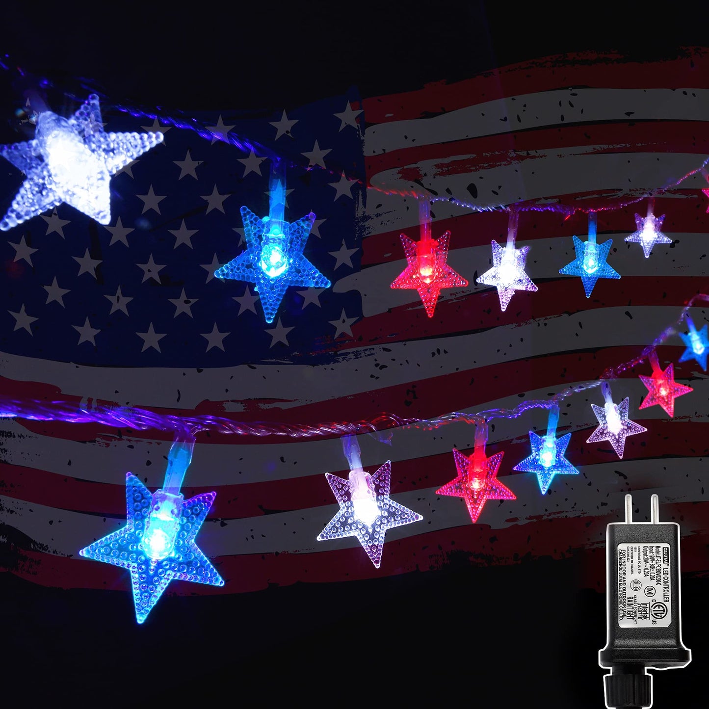 Twinkle 100 LED 49FT Red White Blue Star String Lights, 4th of July Decoration Lights, Plug in Fairy String Lights Waterproof, Extendable for Indoor, Outdoor, Independence Day Decor