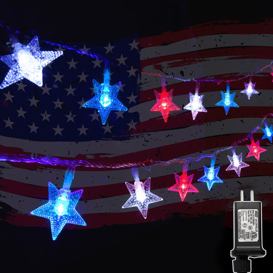 Twinkle 100 LED 49FT Red White Blue Star String Lights, 4th of July Decoration Lights, Plug in Fairy String Lights Waterproof, Extendable for Indoor, Outdoor, Independence Day Decor