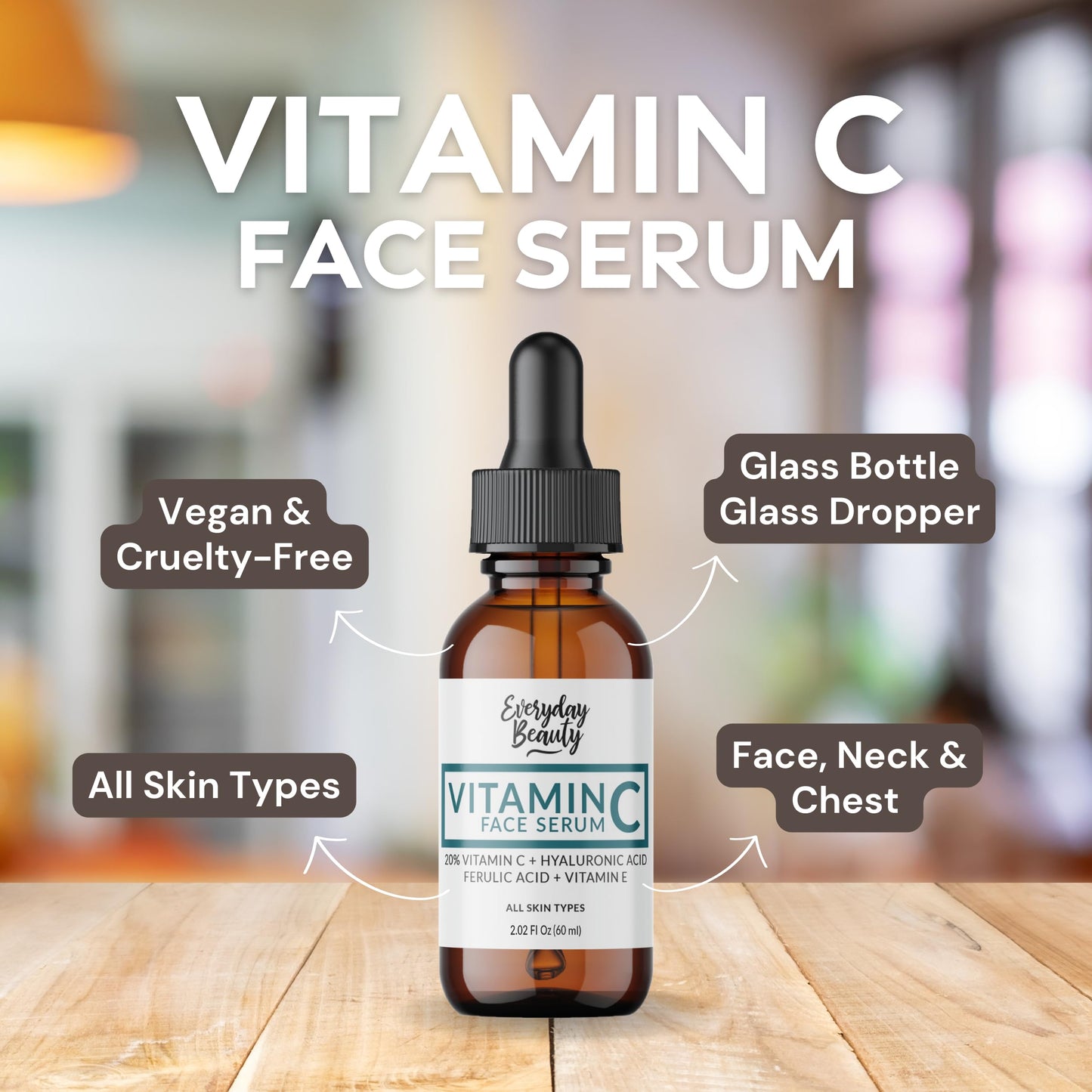 Vitamin C Serum For Face - Anti-Aging Skin Brightening Serum With 20% Vitamin C, Hyaluronic Acid, Vitamin E & Ferulic Acid - 2.02 Fl Oz