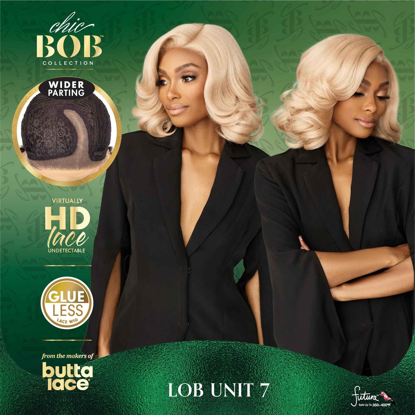 Sensationnel Chicbob Lace Frontwig - Lob Unit 7 Face Framing Glueless Wig Wide 5 Inch Deep Part Synthetic Preplucked Hairline (1B OFFBLACK)