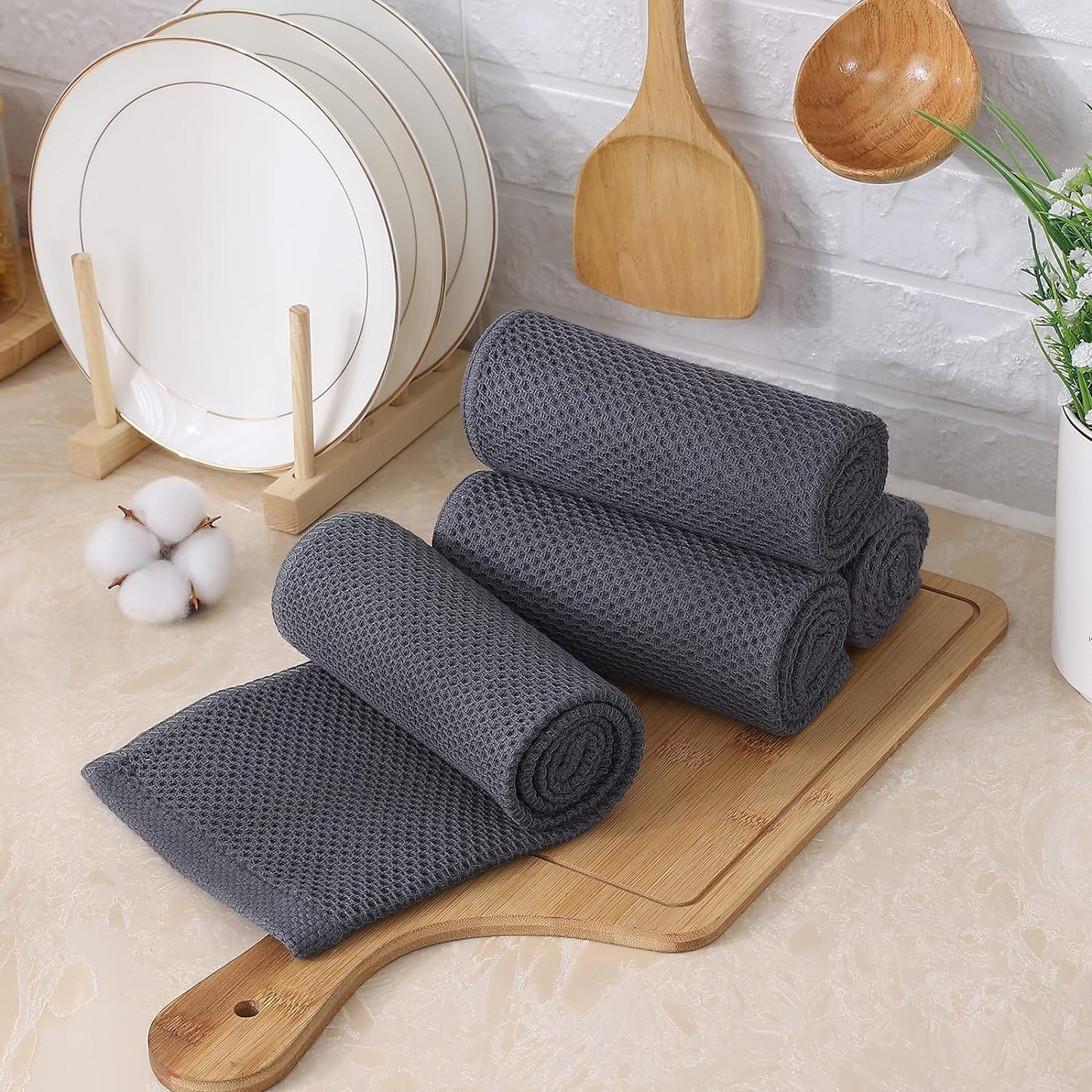 Kitinjoy 100% Cotton Kitchen Towels and Dishcloths Set, 8 Pack Waffle Weave Dish Towels Ultra Soft Absorbent Quick Drying Dish Rags, 13 x 28 Inch and 12 X 12 Inch, Dark Grey