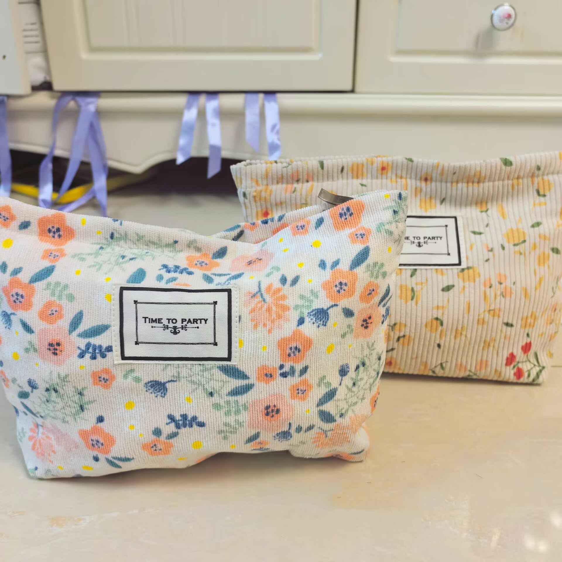 Nearawing 2 Pack Floral Canvas Makeup Bags - Zippered Organizers for Inner Bag, Cosmetics, Purses, Travel, and More (pink+yellw)