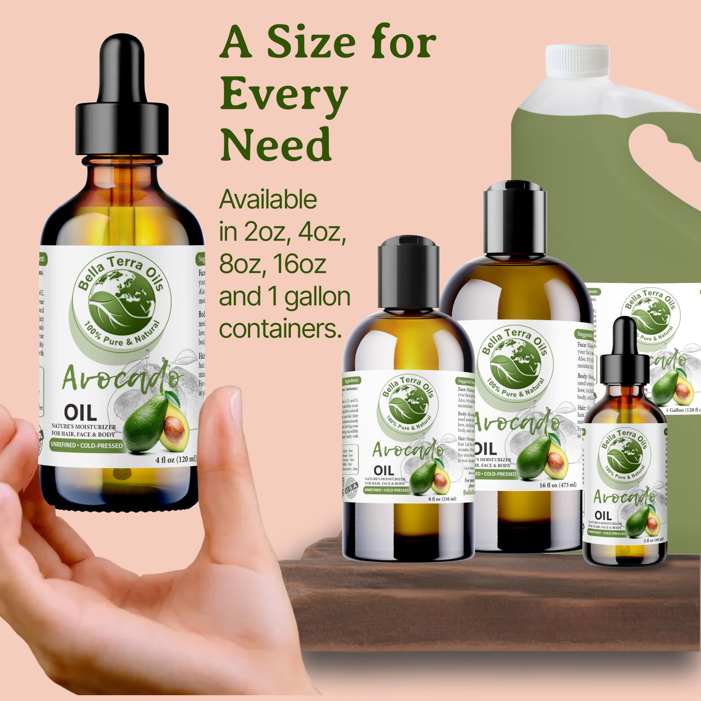 Bella Terra Oils - Avocado Oil 16oz - Cold-Pressed Purity, Unveiling Avocado's Nutritional Treasures, Perfect Carrier Oil for Blending Essentials