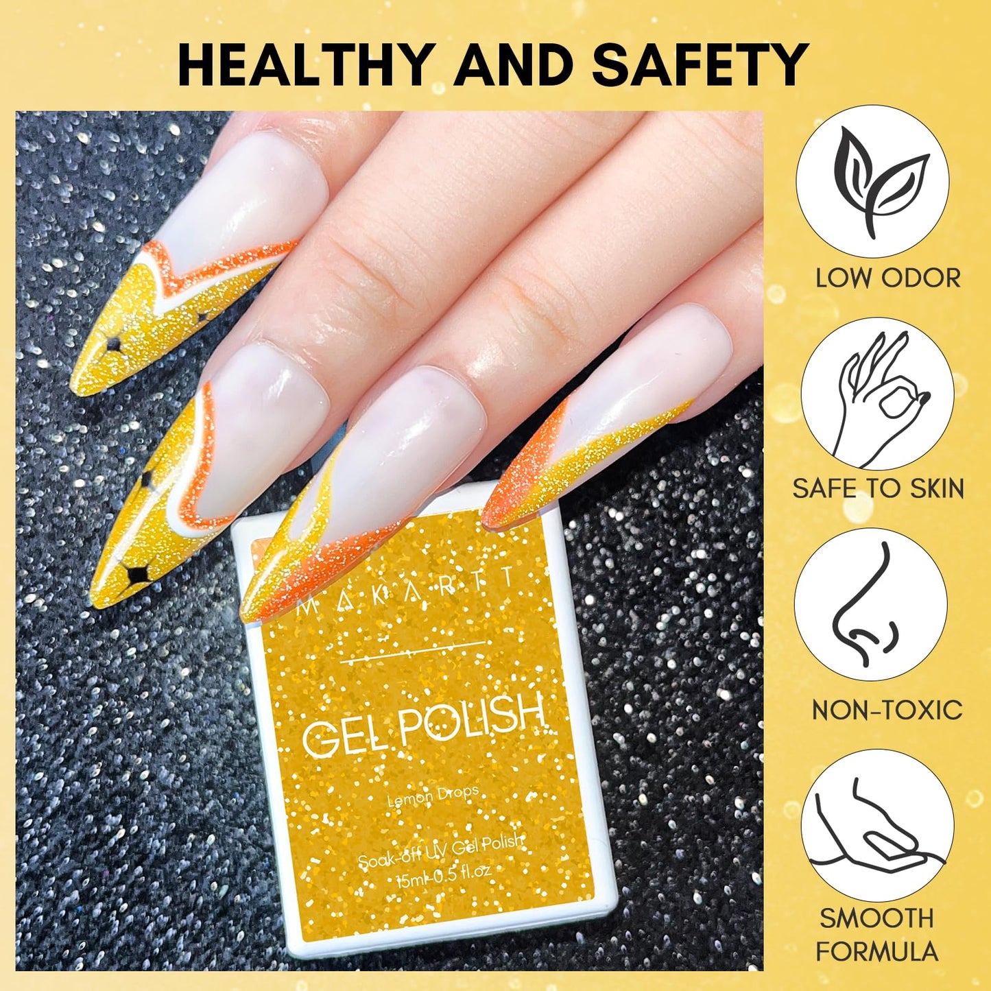 Makartt Glitter Nail Polish, Flash Diamond Yellow Reflective Spring Nail Gel 15ML Soak Off UV LED Sparkly Shiny Gel Polish Manicure DIY Nail Art Designs Home Salon-Lemon Drops