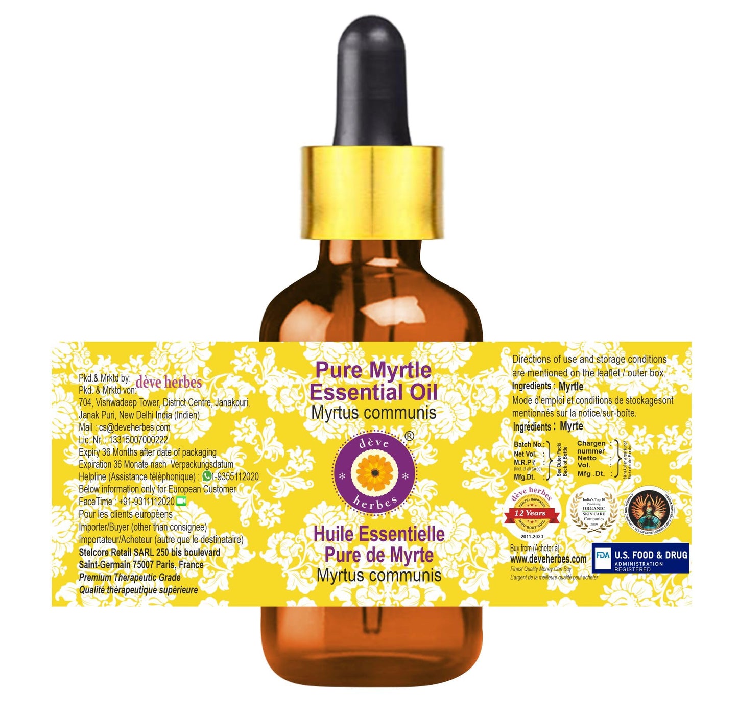 Deve Herbes Pure Myrtle Essential Oil (Myrtus communis) with Glass Dropper Steam Distilled 15ml (0.50 oz)