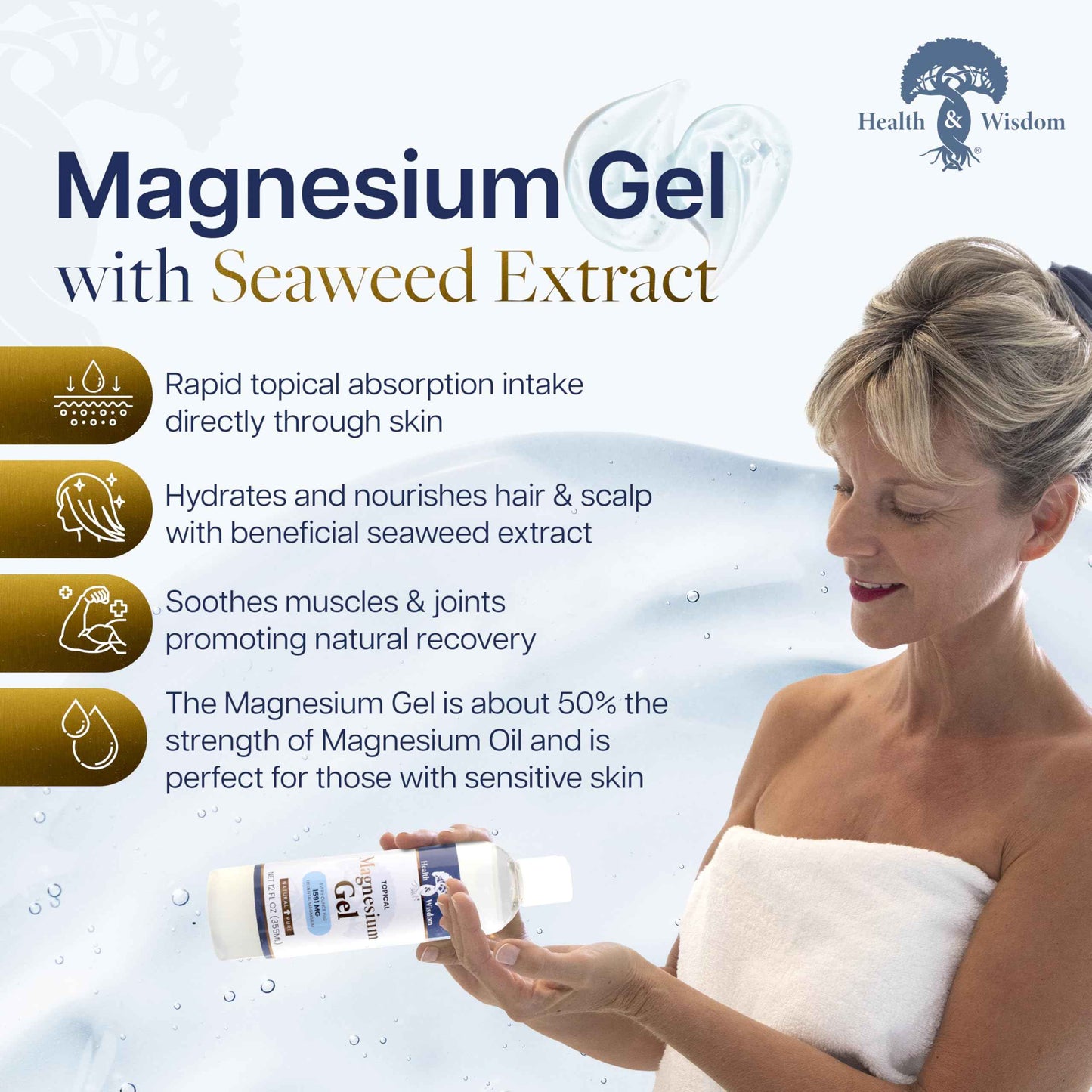 Health and Wisdom Pure Magnesium Gel with Seaweed Extract - Topical Muscle & Joint Relief- Natural and Pure Skin & Scalp Moisturizing - Enhanced Absorption - 12 Fl oz