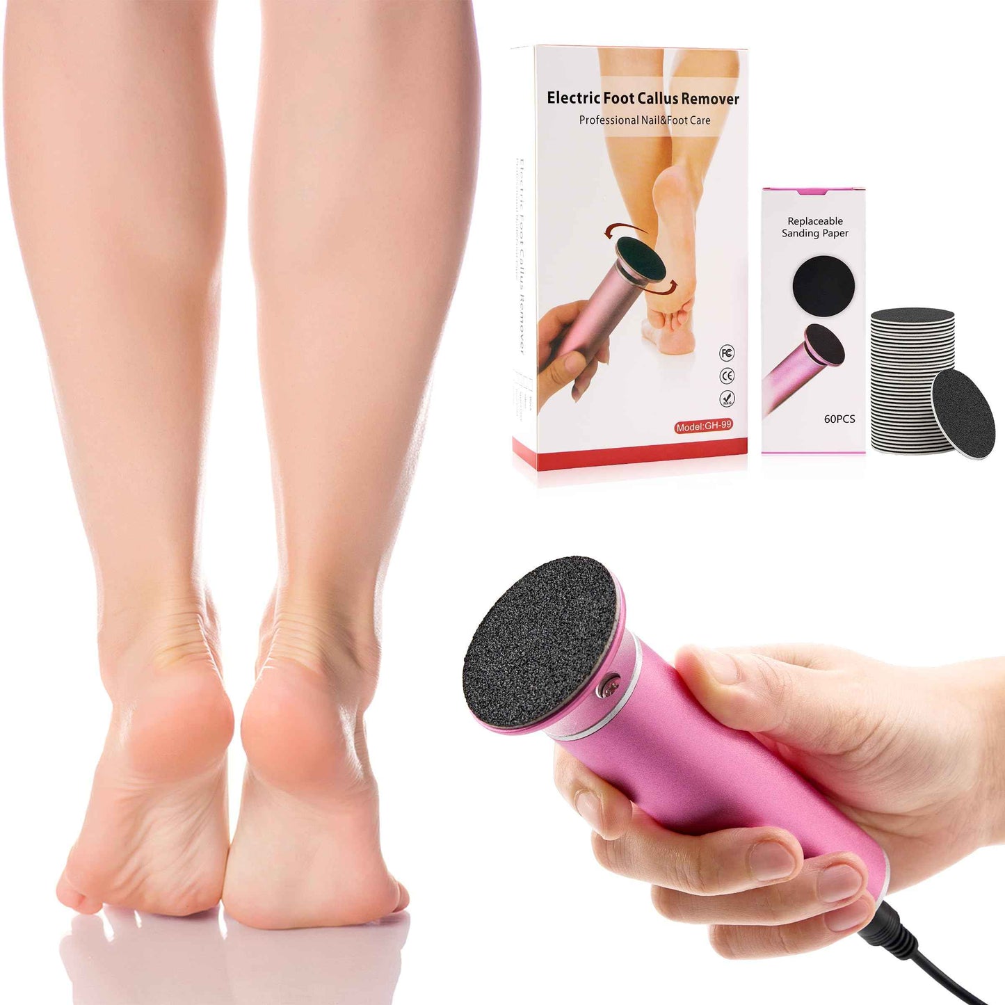 Electric Foot Callus Remover, Electric Foot Filer with 60 Pcs Replacement Sandpaper, Self-Adhesive Foot Sander with 360℃ Rotation, Aluminum Shell, Large Filing Area, and Adjustable Speed Controller