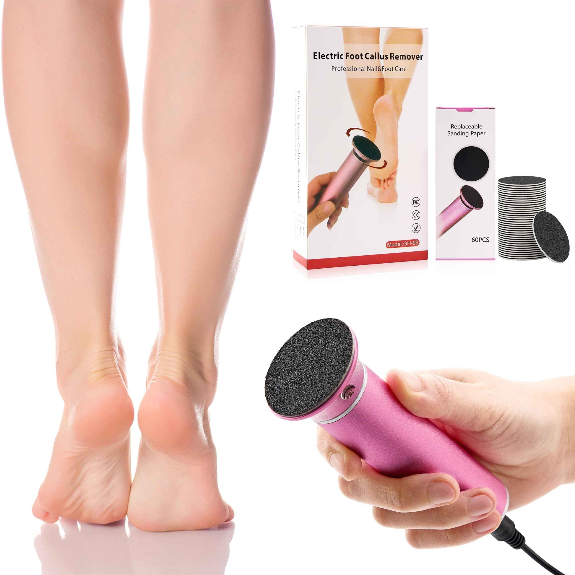 Electric Foot Callus Remover, Electric Foot Filer with 60 Pcs Replacement Sandpaper, Self-Adhesive Foot Sander with 360℃ Rotation, Aluminum Shell, Large Filing Area, and Adjustable Speed Controller