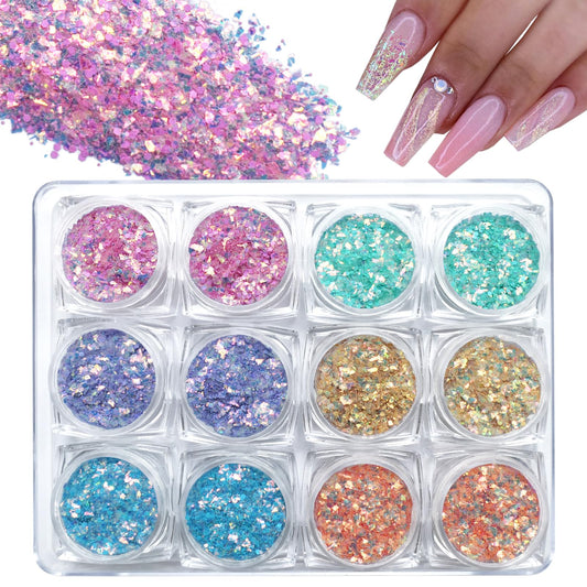 LuckForever Iridescent Chunky Glitter 12 Colors Glitter Set Chunky Glitter for Crafts Makeup Glitter Nail Glitter Flakes for Face,Body,Painting, Epoxy, Art Glitter Wedding Festival Party Decoration