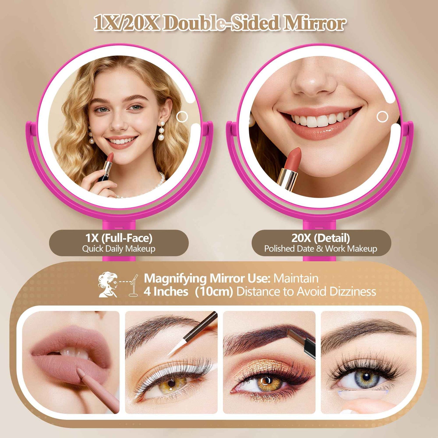 MOMOKUBA Makeup Mirror with Lights, Double Sided 1x/20x Magnifying Mirror with Light, Rechargeable 3 Color Lights and Adjustable Brightness, 360° Rotation Detachable Comes with Tweezer(Hotpink)