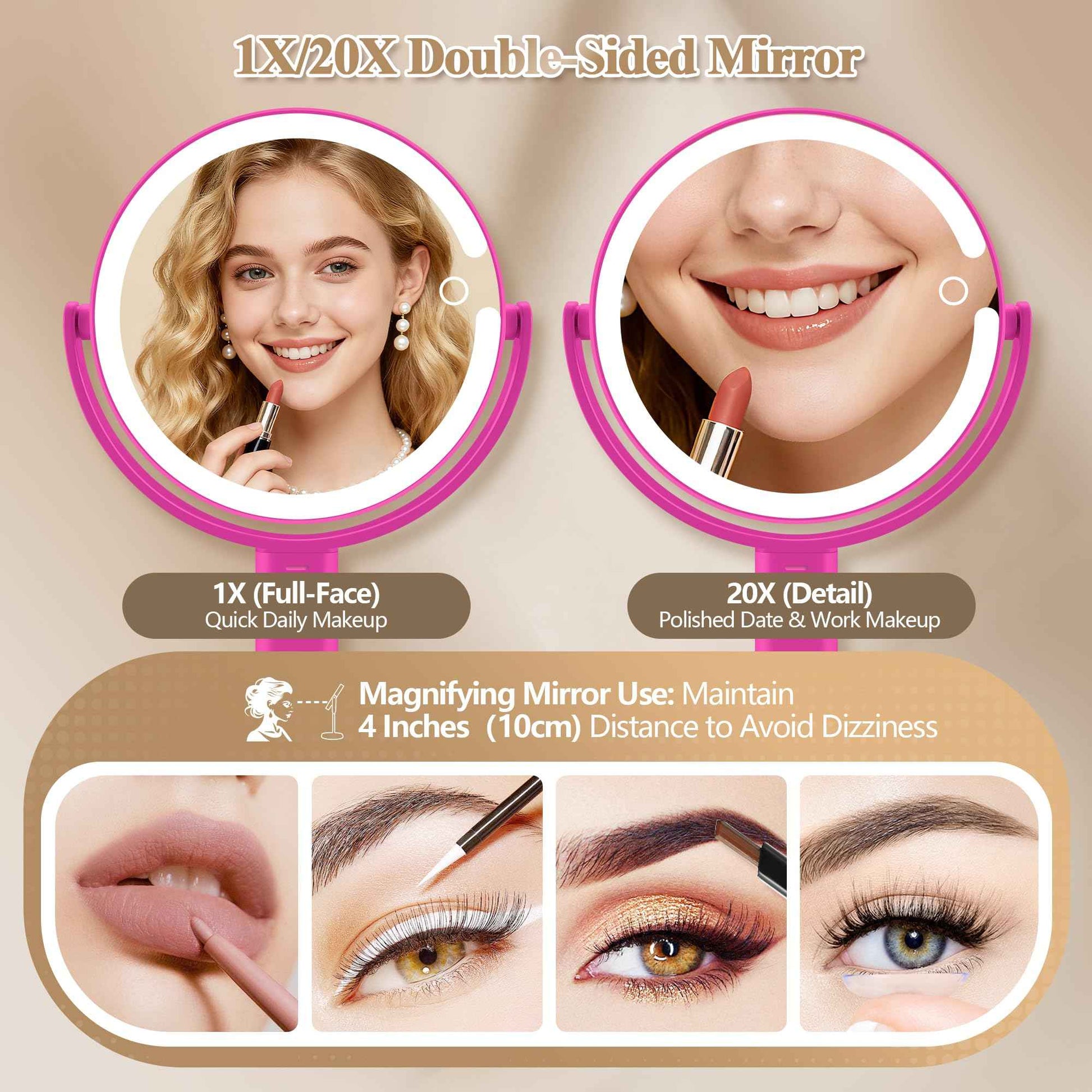 MOMOKUBA Makeup Mirror with Lights, Double Sided 1x/20x Magnifying Mirror with Light, Rechargeable 3 Color Lights and Adjustable Brightness, 360° Rotation Detachable Comes with Tweezer(Hotpink)