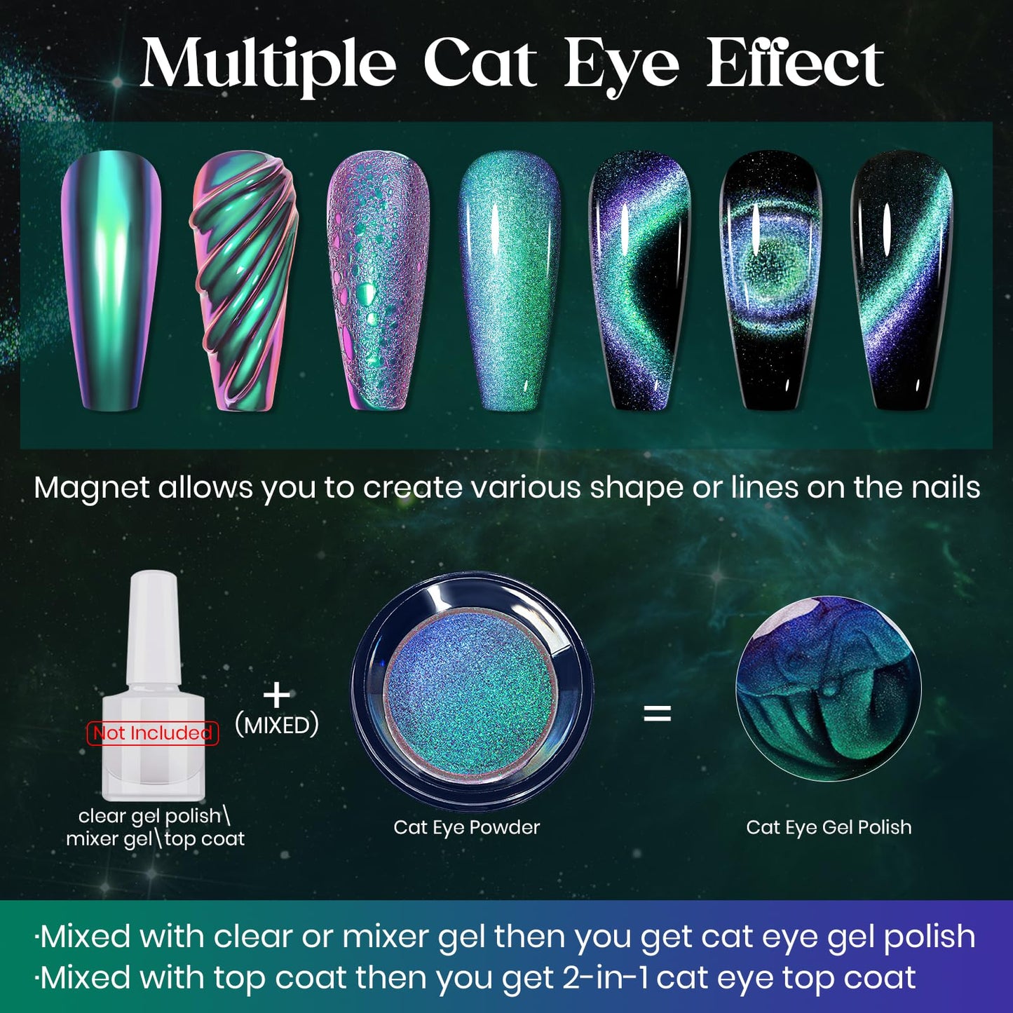 MIZHSE 9D Cat Eye Chrome Nail Powder Mirror Effect Green Magnetic Glitter Pigment Powder for Gel Nails Chameleon Cateye Magic Galaxy Nail Art Powder with Magnet