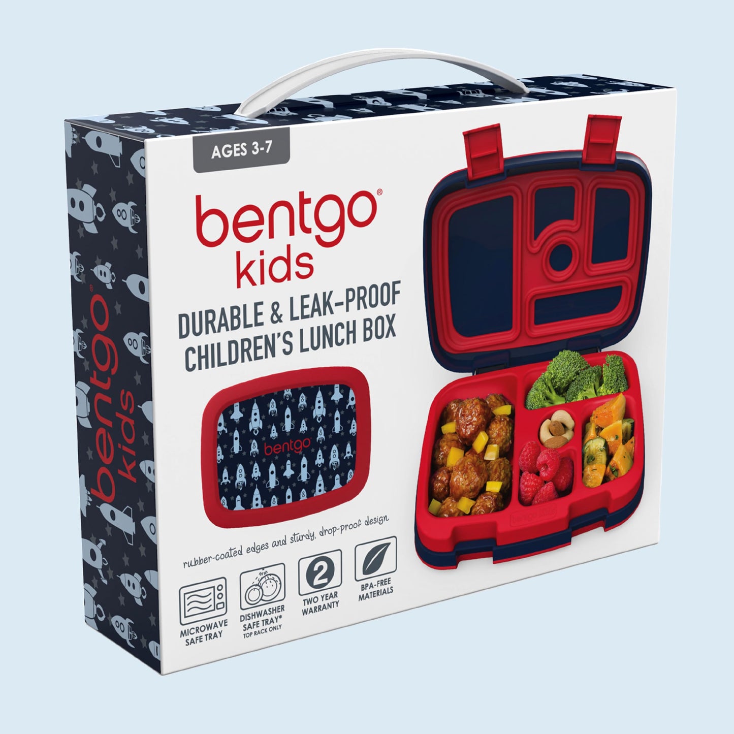 Bentgo Kids Prints Leak-Proof, 5-Compartment Bento-Style Kids Lunch Box - Ideal Portion Sizes for Ages 3-7, Durable, Drop-Proof, Dishwasher Safe, & Made with BPA-Free Materials (Rocket)