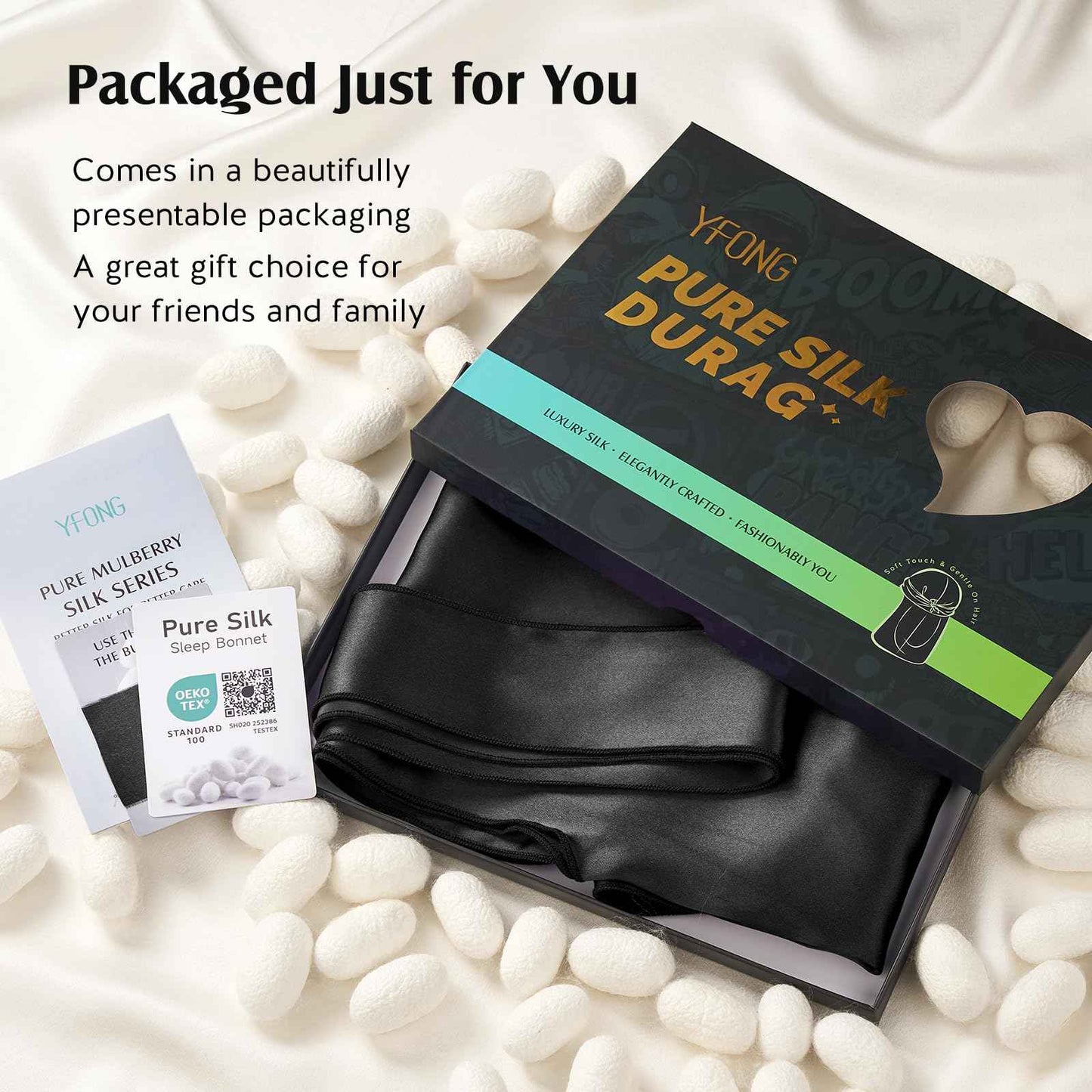 YFONG 100% Mulberry Silk Durag for Men & Women, 22 Momme Silky Durag for Hair Care, Soft and Breathable Do rag for Comfortable Wear, Perfect for Fashion Styling, 1Pc, Black