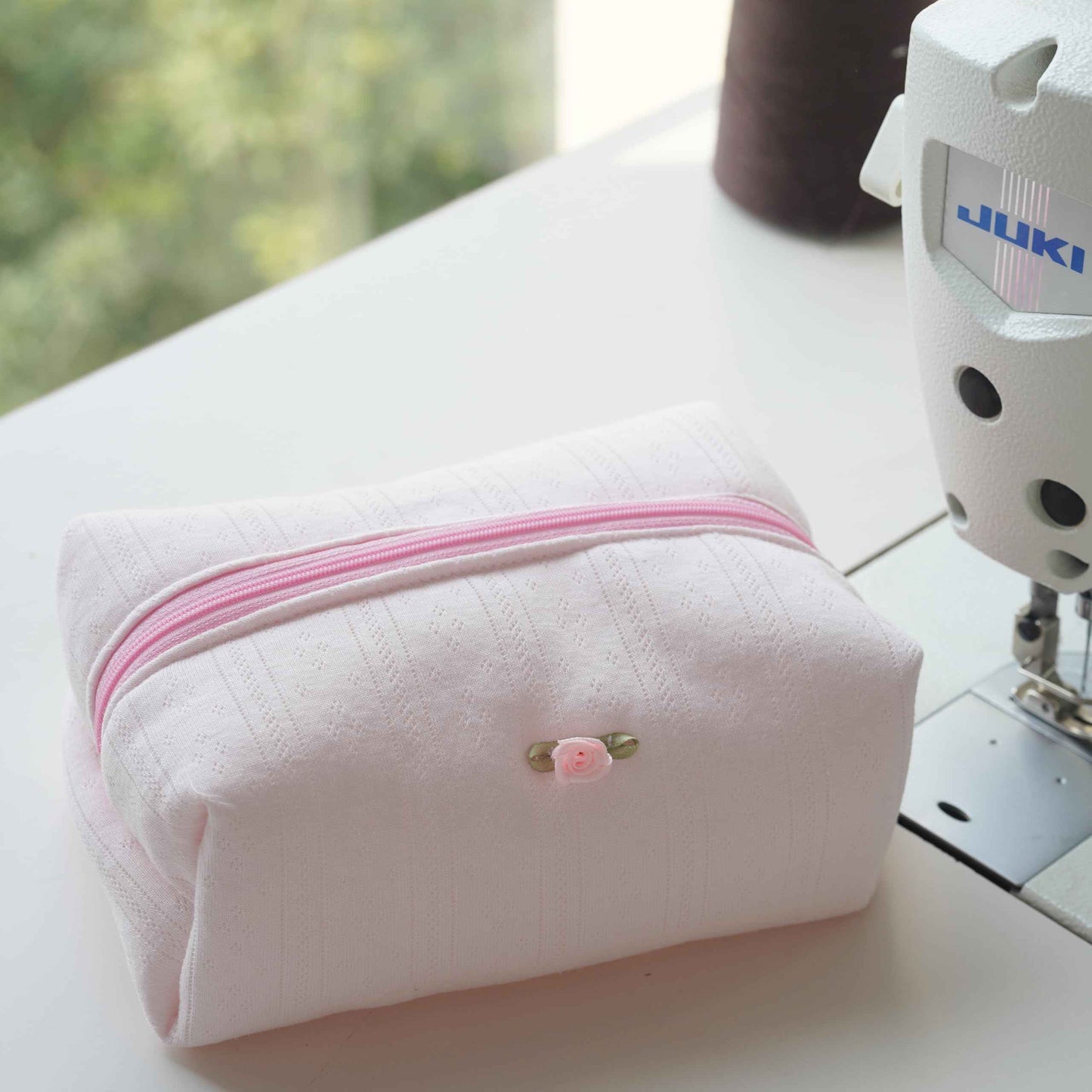 ZUNUONUO Handmade Quilted Cotton Makeup Bag for Women - Cute Cosmetic Pouch, Travel Toiletry & Make Up Organizer, Coquette Aesthetic Skincare Bag, Travel Essentials (Creamy Pink)