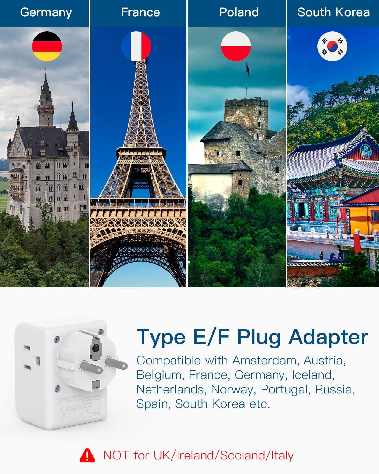 2 Pack Germany France Travel Plug Adapter with 3 Outlets 3 USB Charging Ports(1 USB C), Type E/F International Power Adapter, Travel Essentials US to Europe France Germany South Korea Netherlands