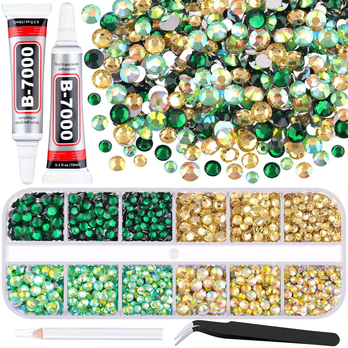 3500 PCS Flatback Rhinestones for Crafting and 2PCS B7000 Glue (Pack 8), 1 Box of 3/4/5mm Colorful Resin Rhinestones Gems Charms for Bedazzling DIY Crafts Fabric Clothing Tumblers Shoes Nail Art