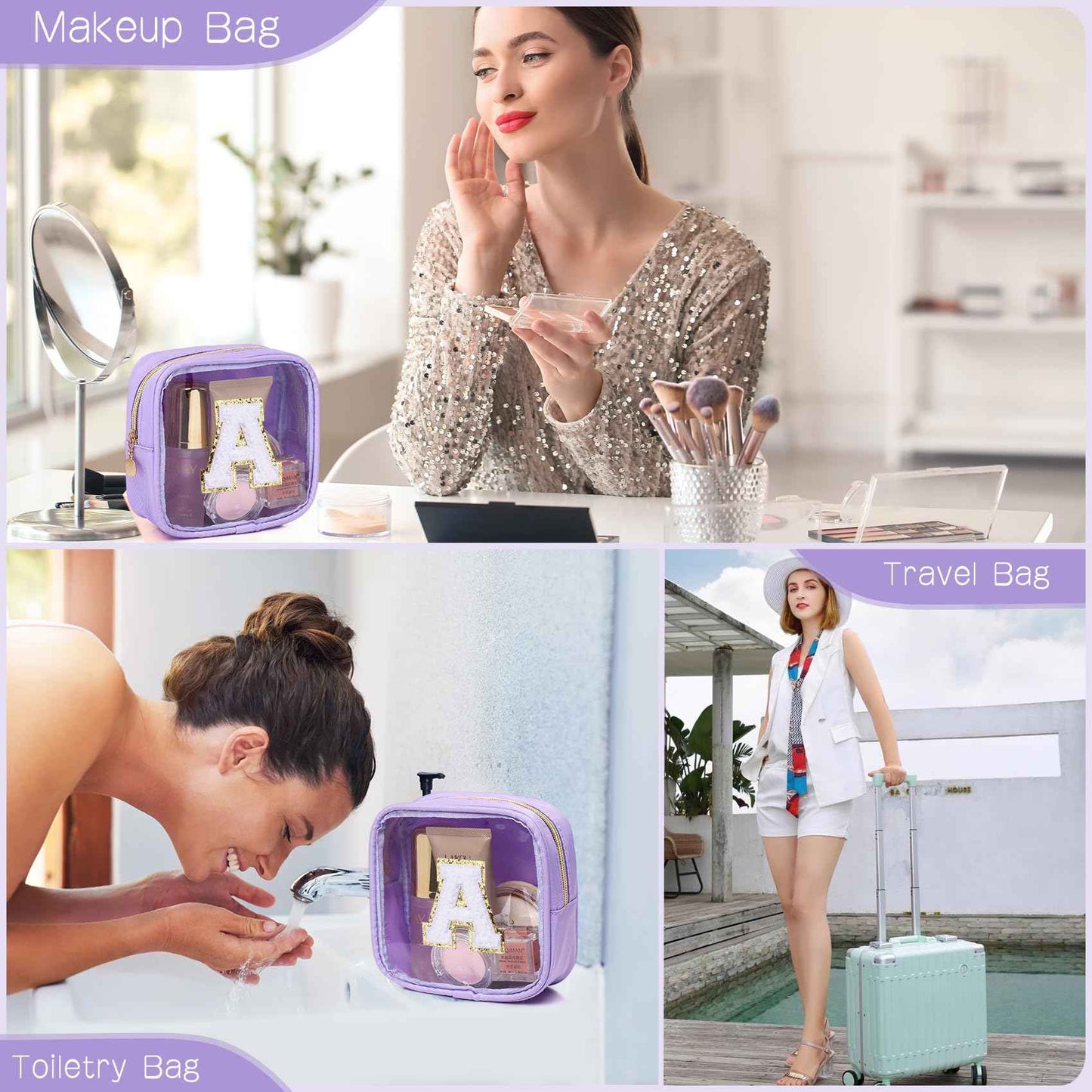 LOFOWN Initial Clear Makeup Bag Small Cosmetic Bag Travel Toiletry Bag Clear Zipper Pouch Purse Organizer Bags for Women (Purple, A)