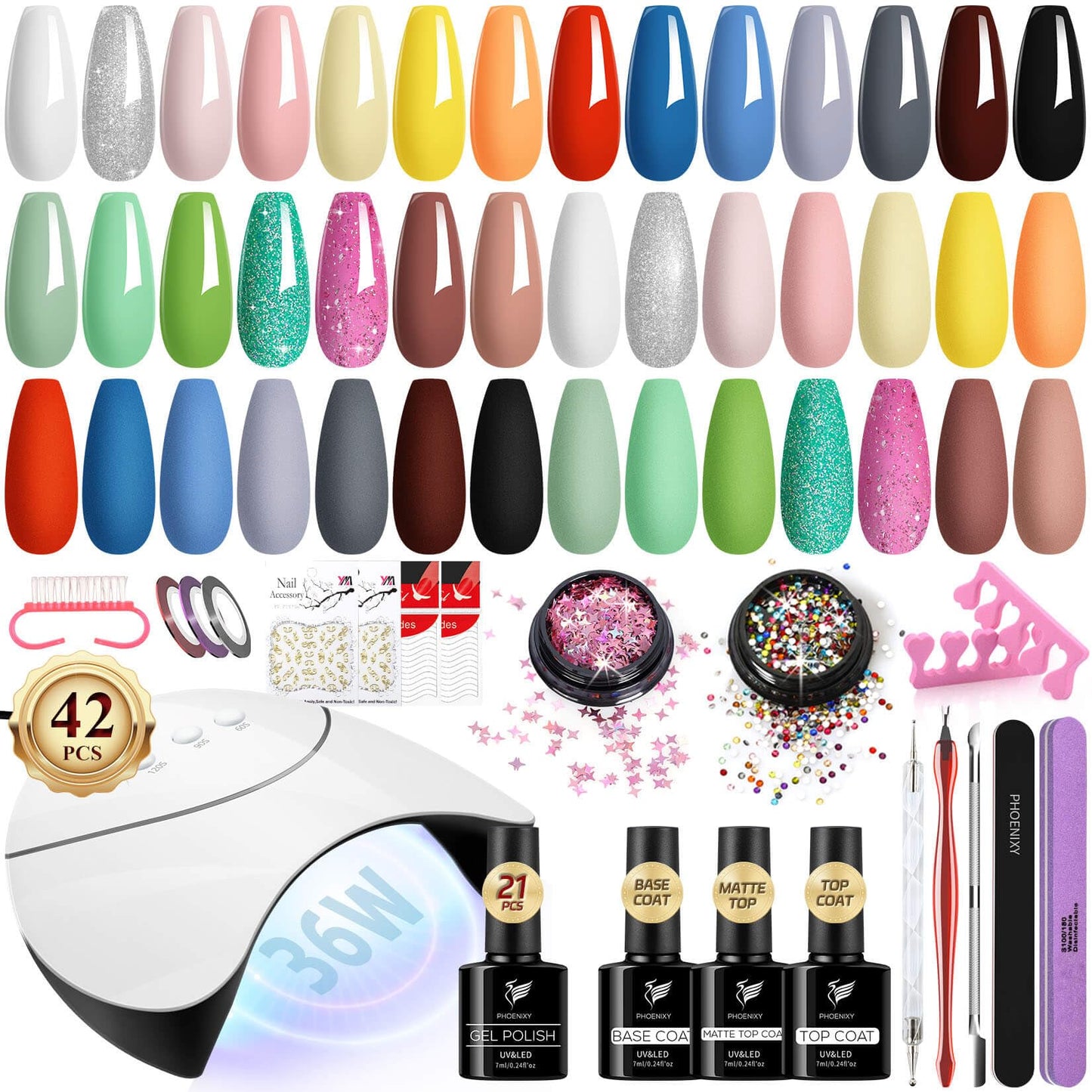 PHOENIXY Gel Nail Polish Set - 42Pcs Gel Nail Polish Kit with U V Light 21 All Season Colors Gel Nail Kit with Matte Gel Top Coat Nail Art Tools Nail Polish Set Gifts for Women