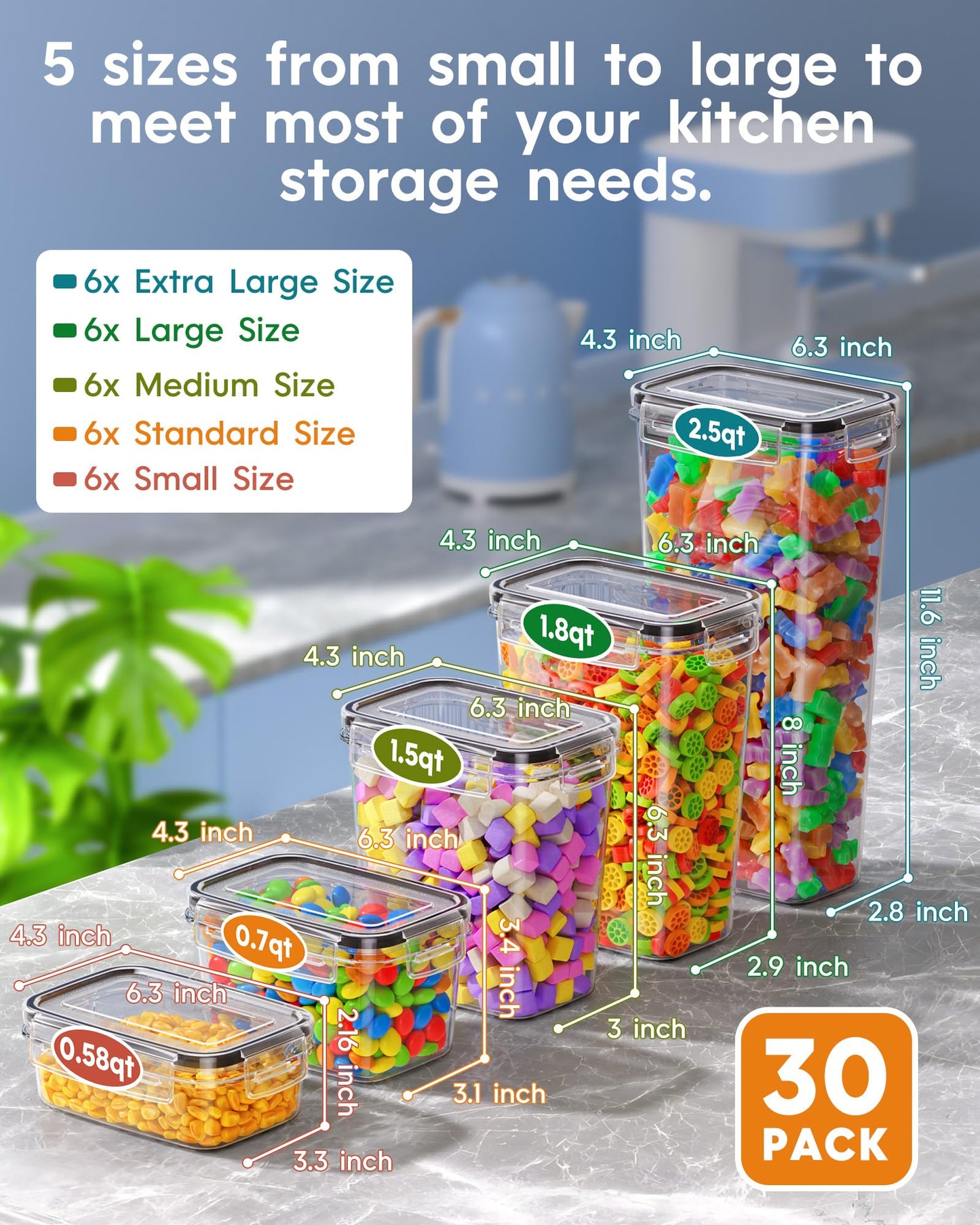 KEMETHY 30 PCS Airtight Food Storage Containers with Lids, Kitchen Pantry Organization and Storage, BPA-Free Plastic Scale Food Canisters for Cereal, Flour, Sugar, Dry Food, Include Labels & Marker