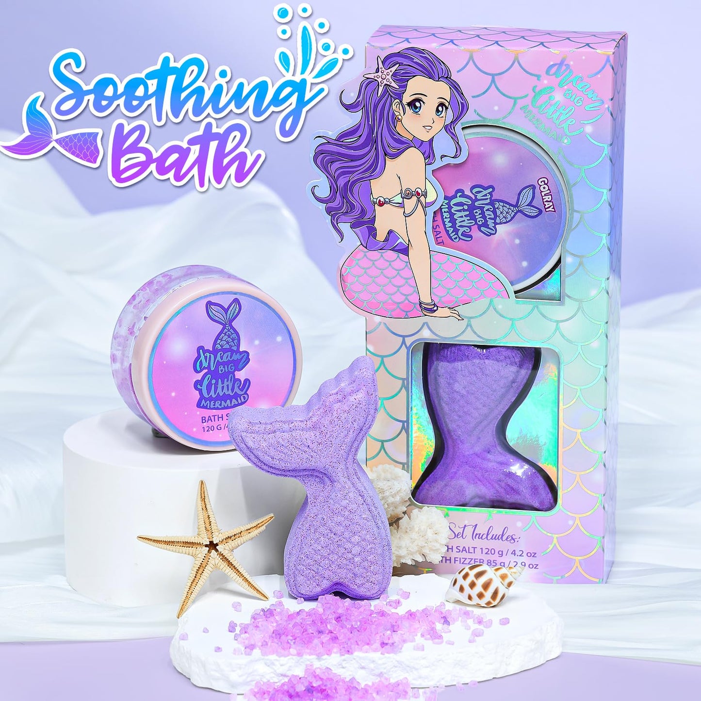 Golray Mermaid Gift for Girls Bath Set Kids Beauty Care Spa Kit with Shampoo/ Bath Bomb Salt/ Mermaid Doll/ Mirror/ Brush, Mermaid Toys Kids Teenage Christmas Birthday Gift for Teen Girl 6 7 8 9 10-12