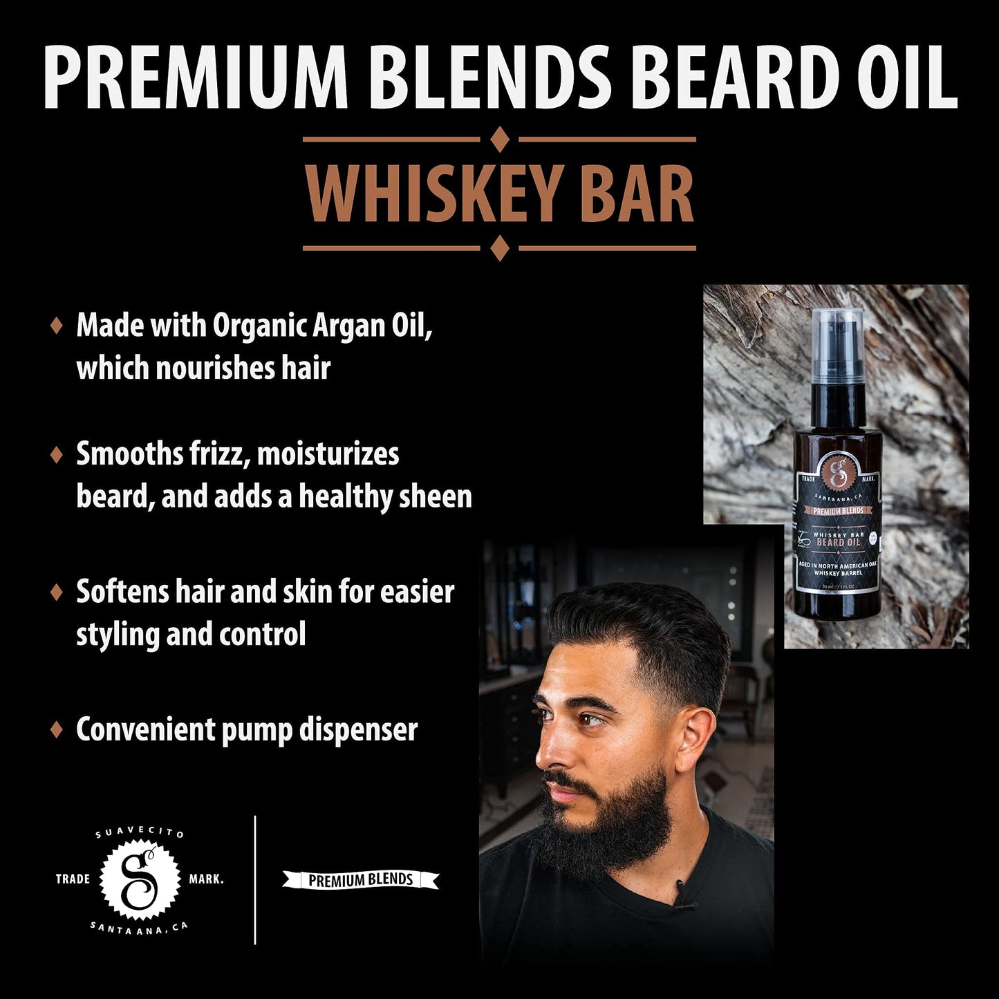 Suavecito Premium Blends Beard Oil - Leave-In Beard Conditioner For Softening Hair, Hydrating Skin, Eliminating Beard Dandruff, Healthy Beard Growth - Whiskey Bar Fragrance - 1 oz