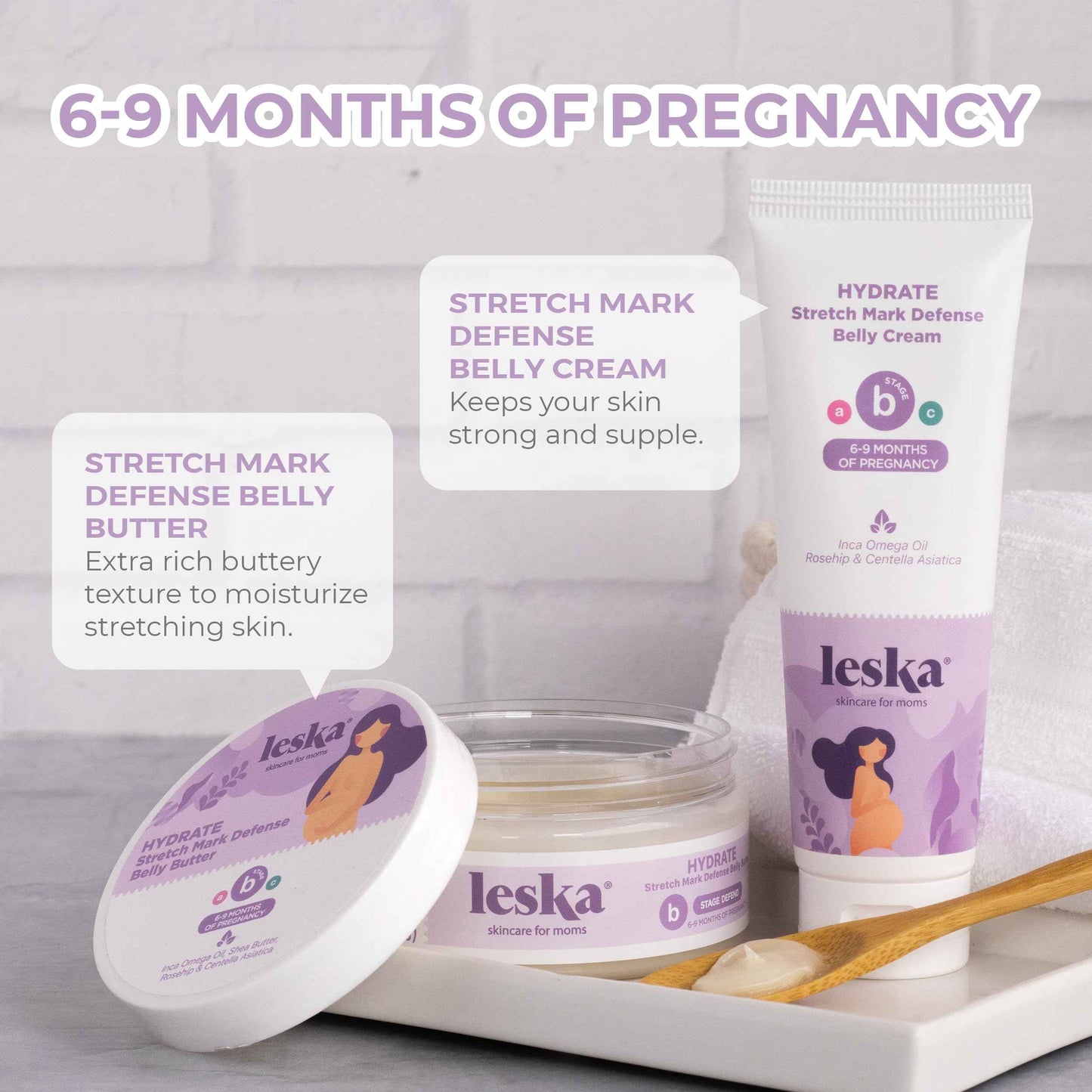 Leska Maternity Cream 2-Pack | STAGE B: HYDRATE Stretch Mark Defense Belly Cream & Butter (Pregnancy Months 6-9) | Part of a Complete 3 Part Pregnancy Skin Care System (4-4.93oz)