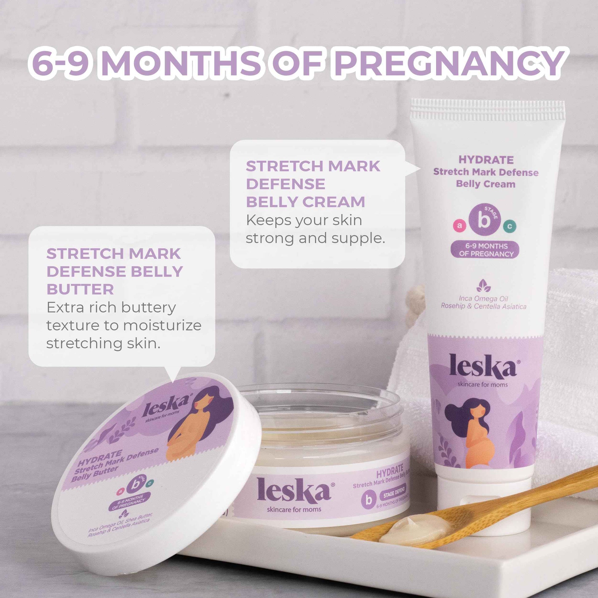 Leska Maternity Cream 2-Pack | STAGE B: HYDRATE Stretch Mark Defense Belly Cream & Butter (Pregnancy Months 6-9) | Part of a Complete 3 Part Pregnancy Skin Care System (4-4.93oz)