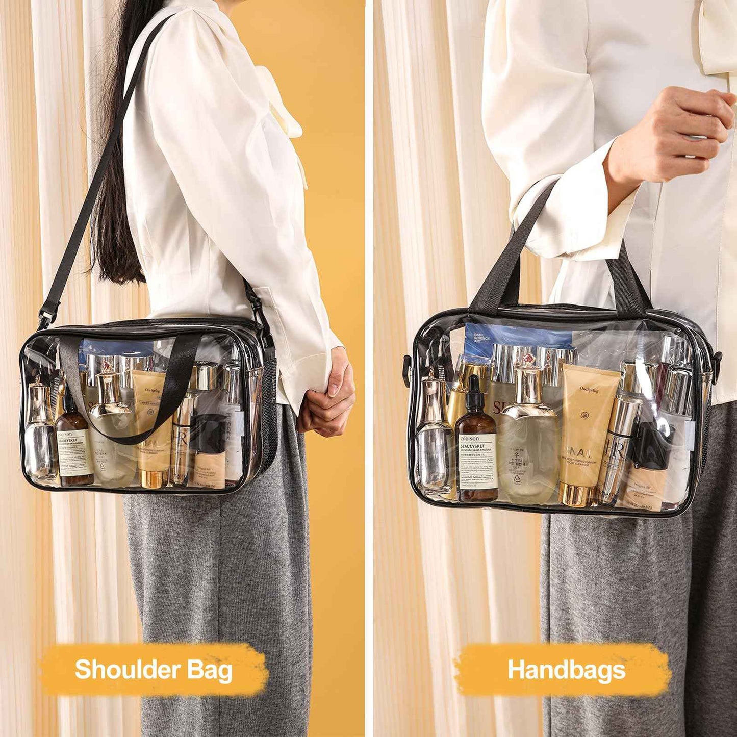 Officentra Clear Toiletry Bag for Women with Zipper–Clear Makeup Bag with Shoulder Strap & Handheld Handles – Stadium Bags for Women with Wet/Dry Compartments for Concerts, Travel, Work & Sports