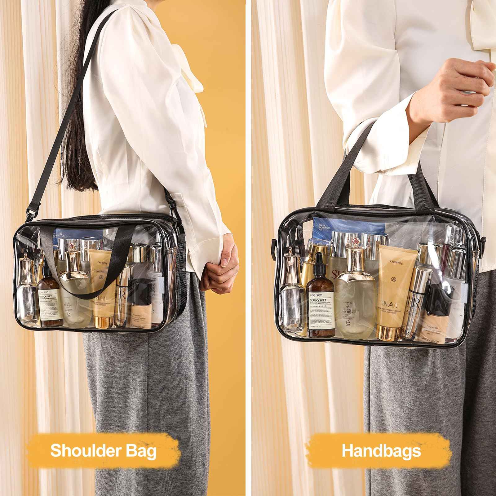 Officentra Clear Toiletry Bag for Women with Zipper–Clear Makeup Bag with Shoulder Strap & Handheld Handles – Stadium Bags for Women with Wet/Dry Compartments for Concerts, Travel, Work & Sports