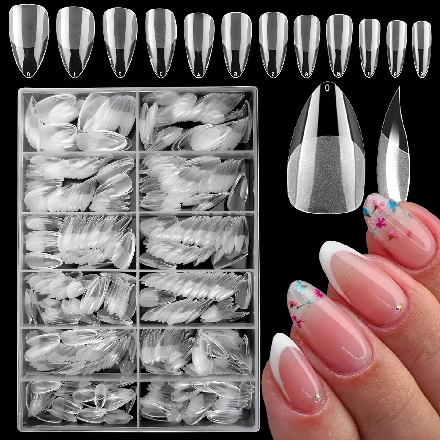 LoveOurHome 600pc Almond Gel X Nail Tips Short Fake Nails Full Cover Short Stiletto Almond False Nail Clear Artificial Nail Fingernail Soft Gel Nail Tips for Acrylic Nail Extesion Press Nail Making