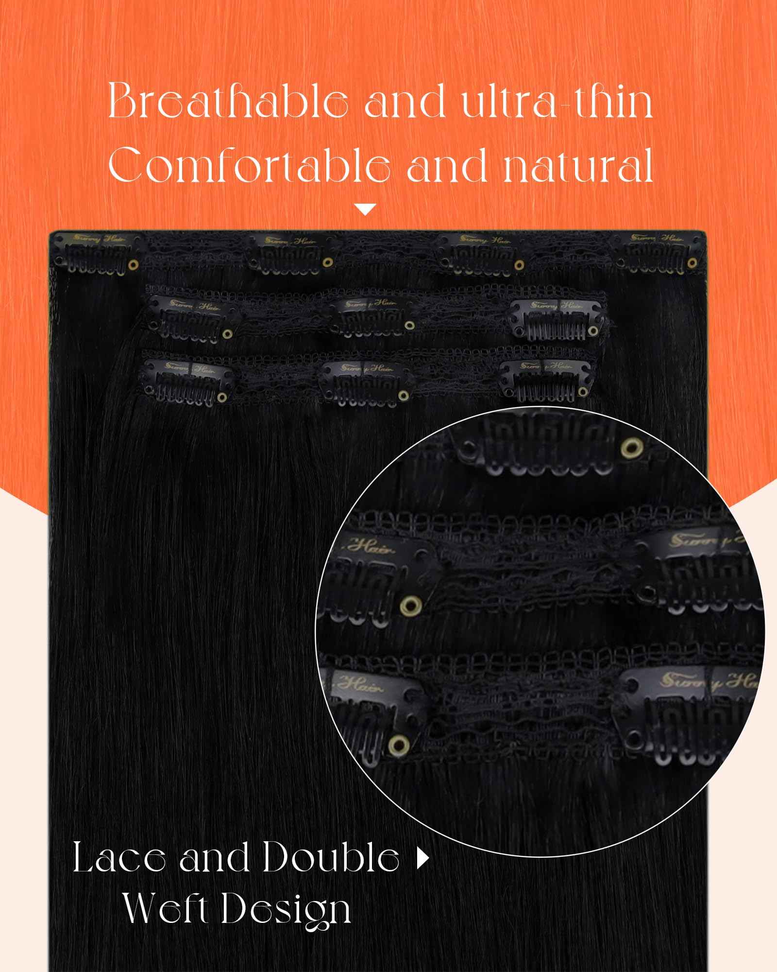 Sunny Hair Clip in Hair Extensions Straight Human Hair Clip in Extensions Remy Clip in Hair Extensions Real Human Hair Extensions Clip ins Jet Black Color 1 for Women 14inch