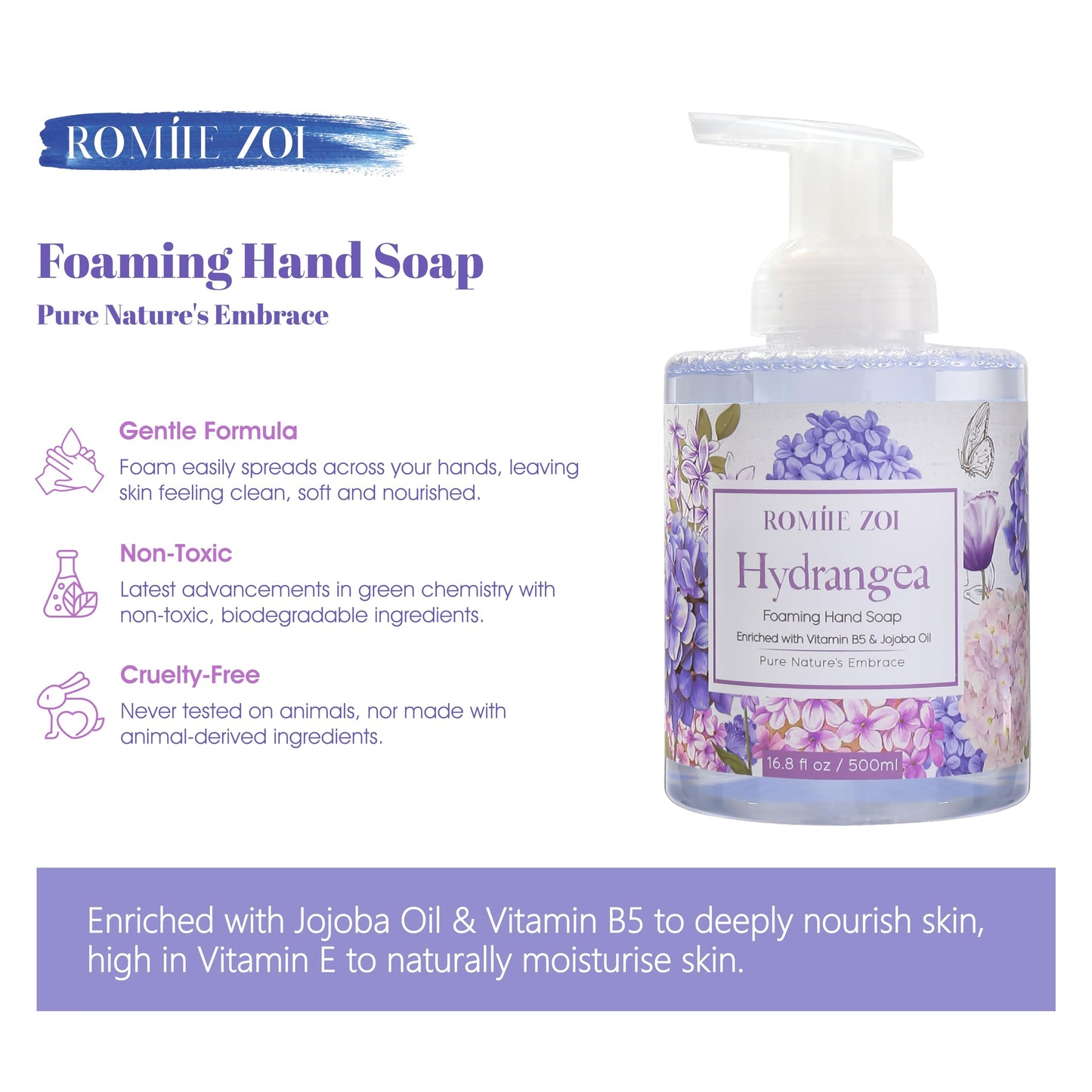 ROMIIE ZOI Foaming Hand Soap with Gift Box- Hydrangea - Biodegradable Formula Moisture & Revitalize - 500ml/ 16.8oz