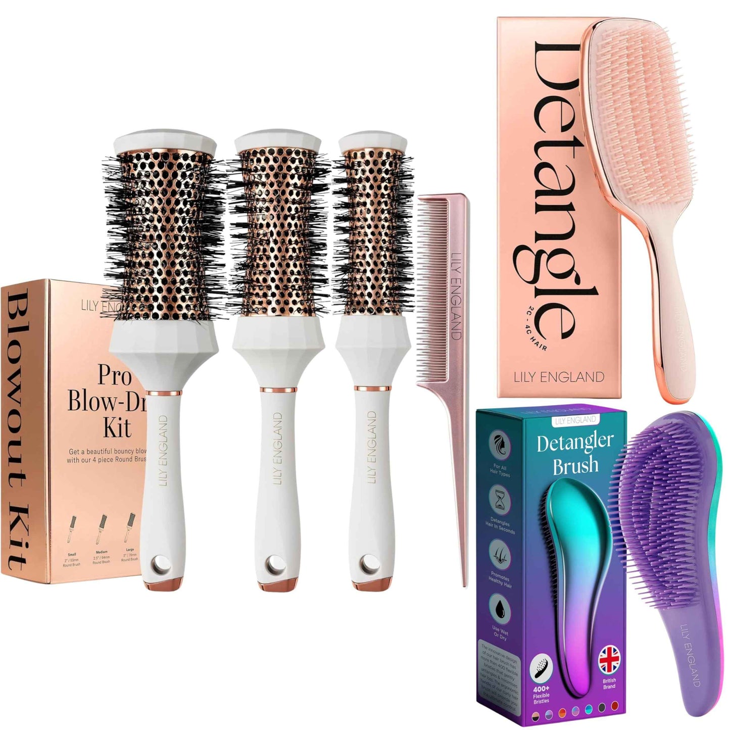Styling and Detangling Hair Brush Kit with Barrel, Ombre, and Rose Gold Brushes – All-in-One Hair Care Bundle for Smooth, Tangle-Free Hair and Salon-Worthy Styling
