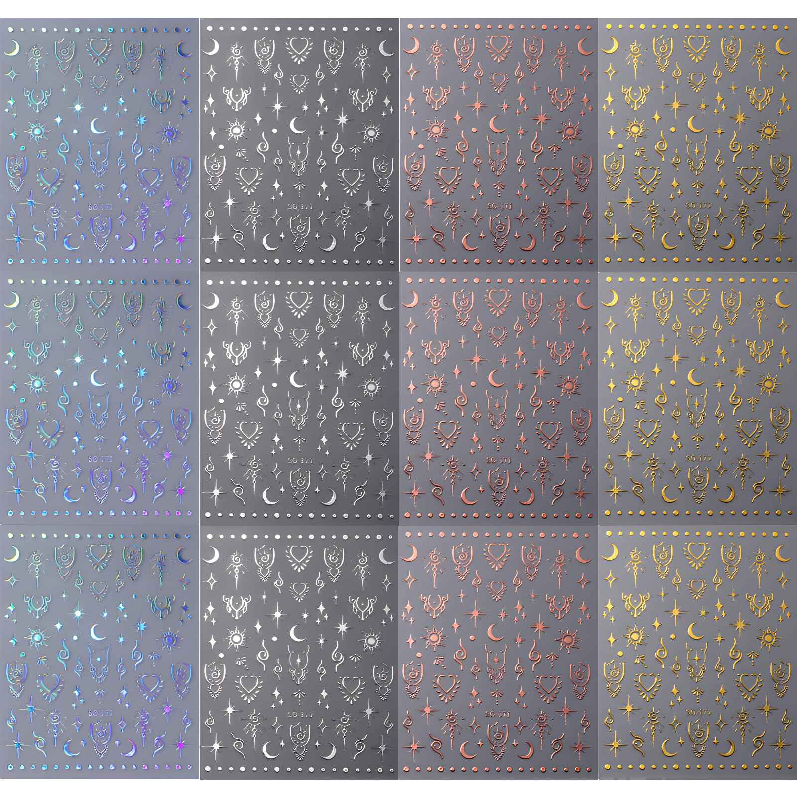 Namrec 12 Sheets Star Nail Stickers for Nail Art Gold Moon Star Nail Art Stickers Decals 3D Self Adhesive Aurora Nail Decals Silver Star Nail Art Design Decoration Accessories for Women, Style 3