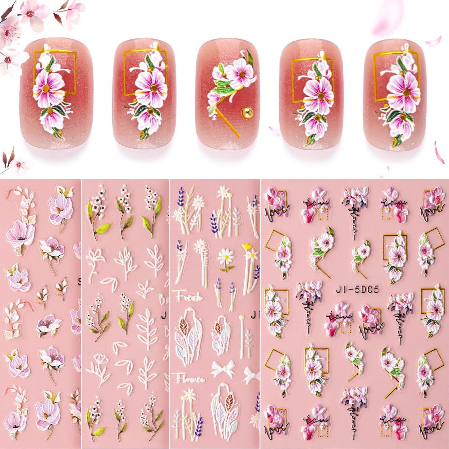 4 Sheets 5D Flower Nail Stickers for Nail Art, Embossed Nail Decals Self Adhesive Nail Art Stickers, Pink White Floral Leaf Cherry Blossom Nail Decorations Accessories for Women Girls Spring Summer