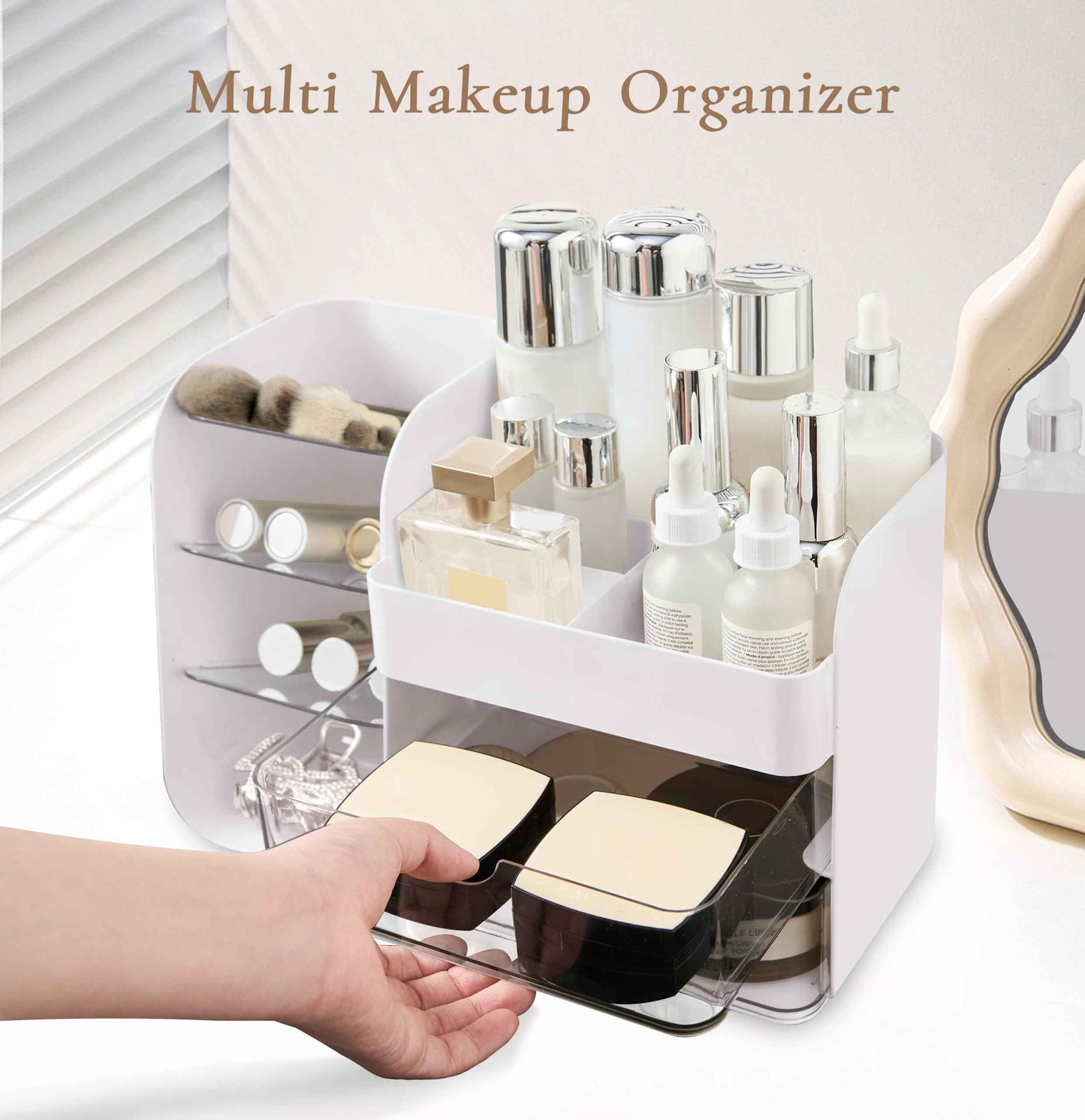 FZHZZ Makeup Organizer Countertop for Vanity, Cosmetic Organizer with Travel Makeup Brush Holder, Skincare Organizer & Storage with Drawers for Bathroom, Beauty Essentials, Eyeshadow, Lotions