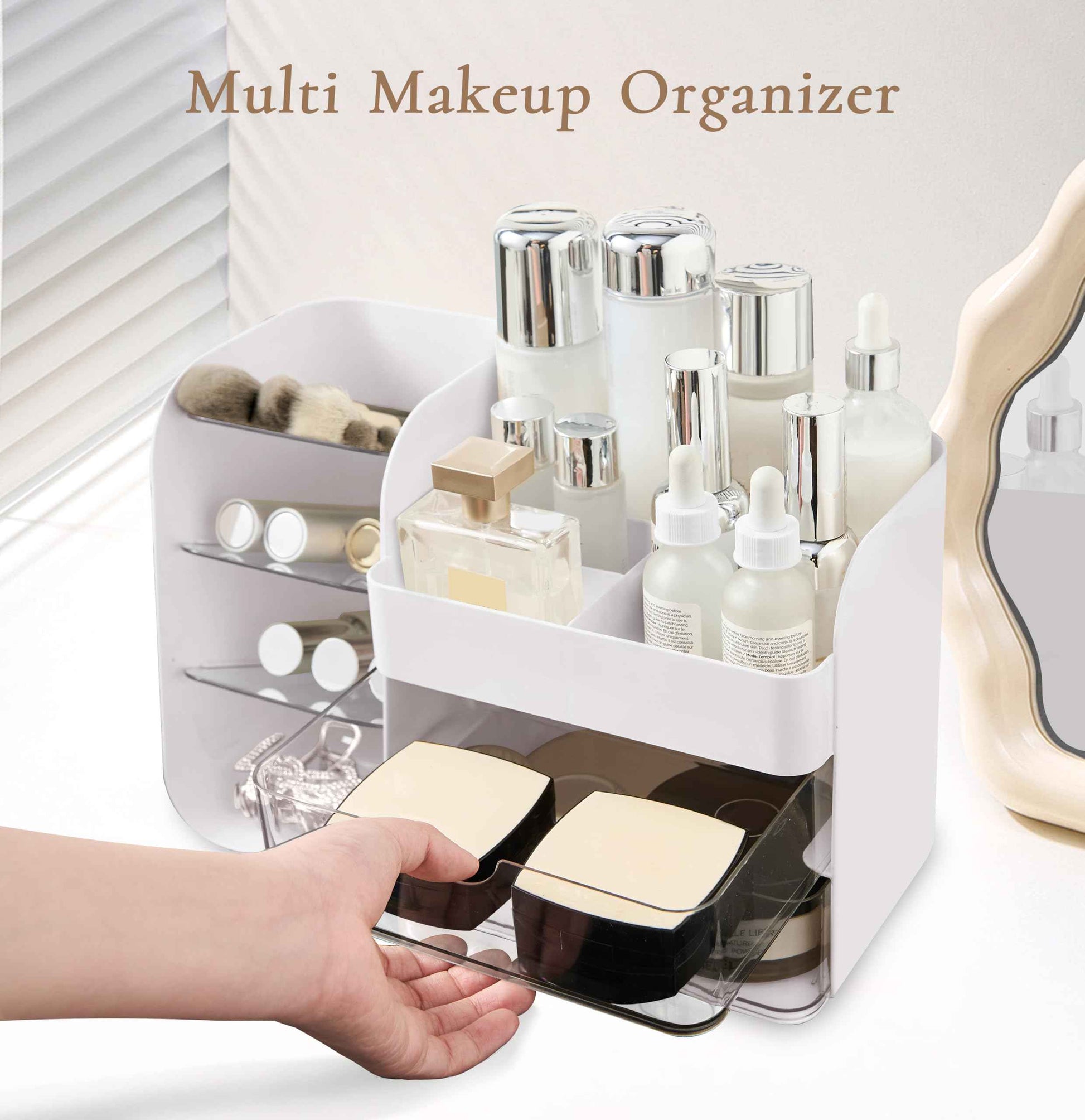 FZHZZ Makeup Organizer Countertop for Vanity, Cosmetic Organizer with Travel Makeup Brush Holder, Skincare Organizer & Storage with Drawers for Bathroom, Beauty Essentials, Eyeshadow, Lotions