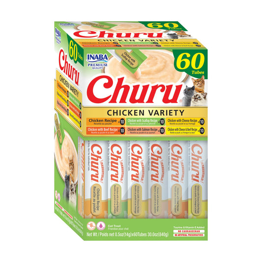 INABA Churu Cat Treats, Grain-Free, Lickable, Squeezable Creamy Purée Cat Treat/Topper, 60 Servings, Chicken Variety Box