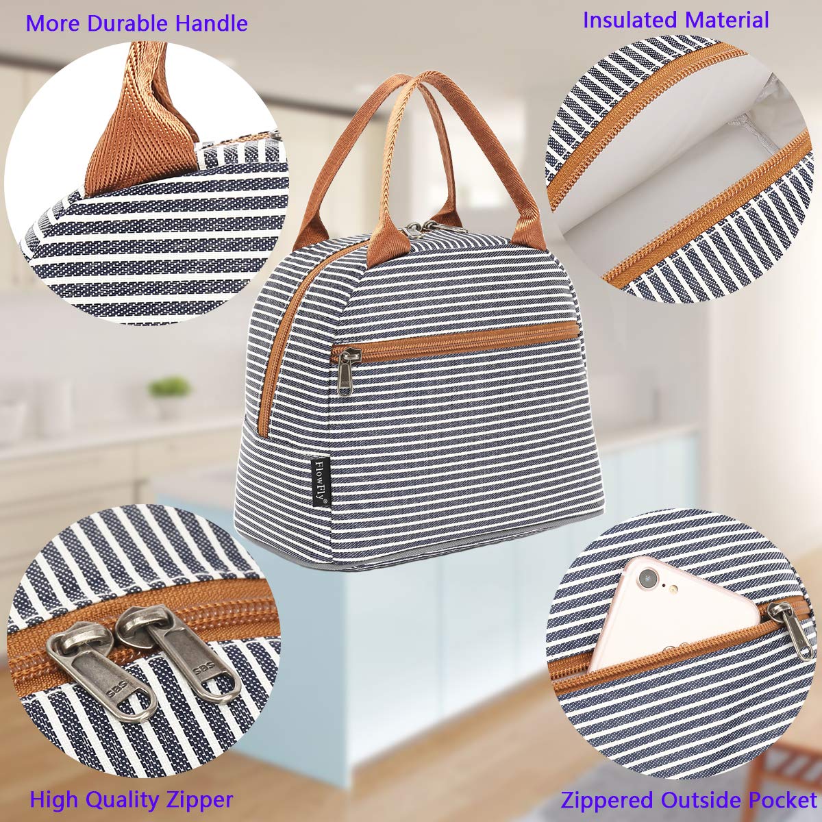 FlowFly Lunch Bag Tote Bag Lunch Organizer Lunch Holder Insulated Lunch Cooler Bag for Women/Men,White&Black Stripe