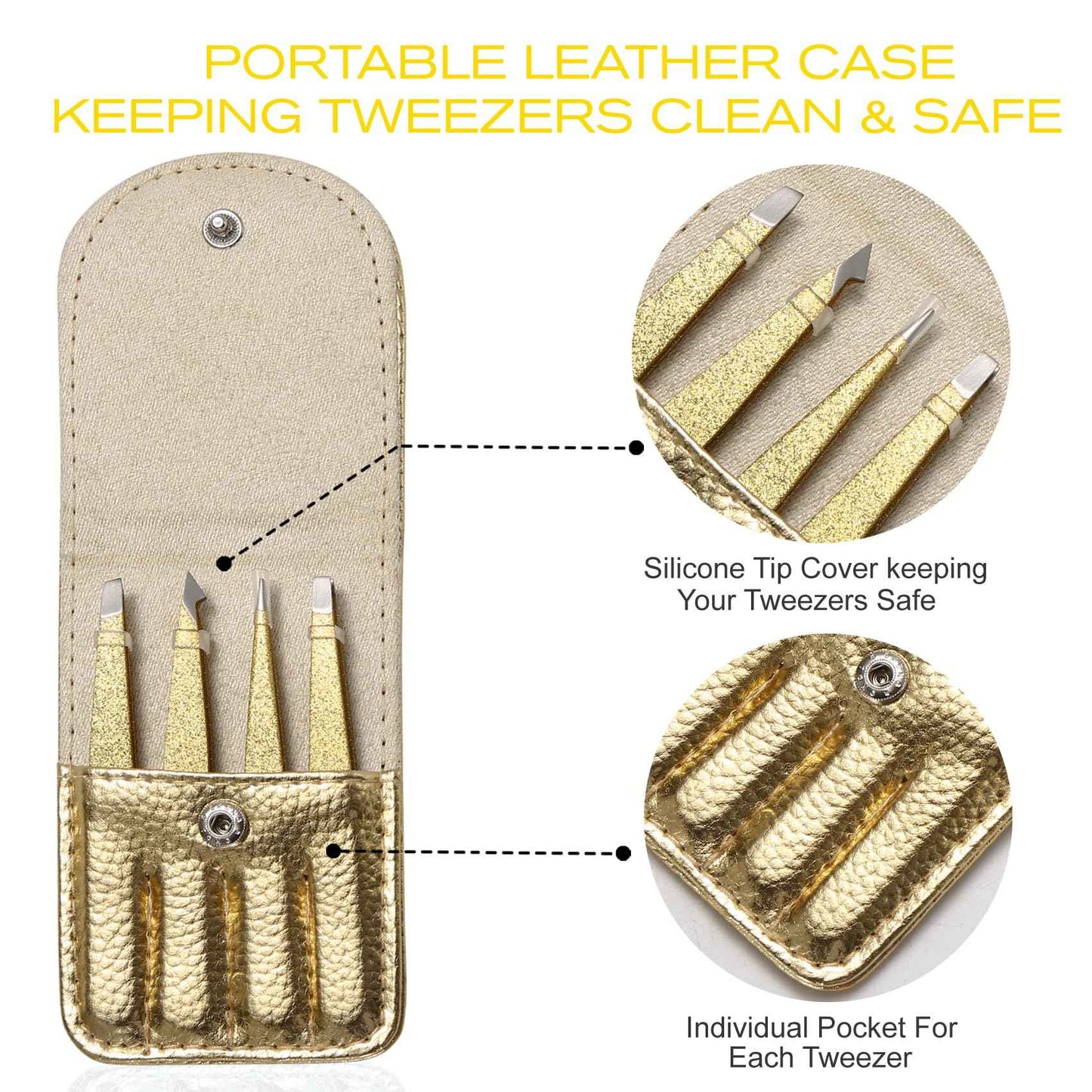 FungChoi 4-Pcs Glitter Stainless Steel Precision Tweezer Set for Eyebrows, Ingrown Hair & Lash Extensions (Gold)