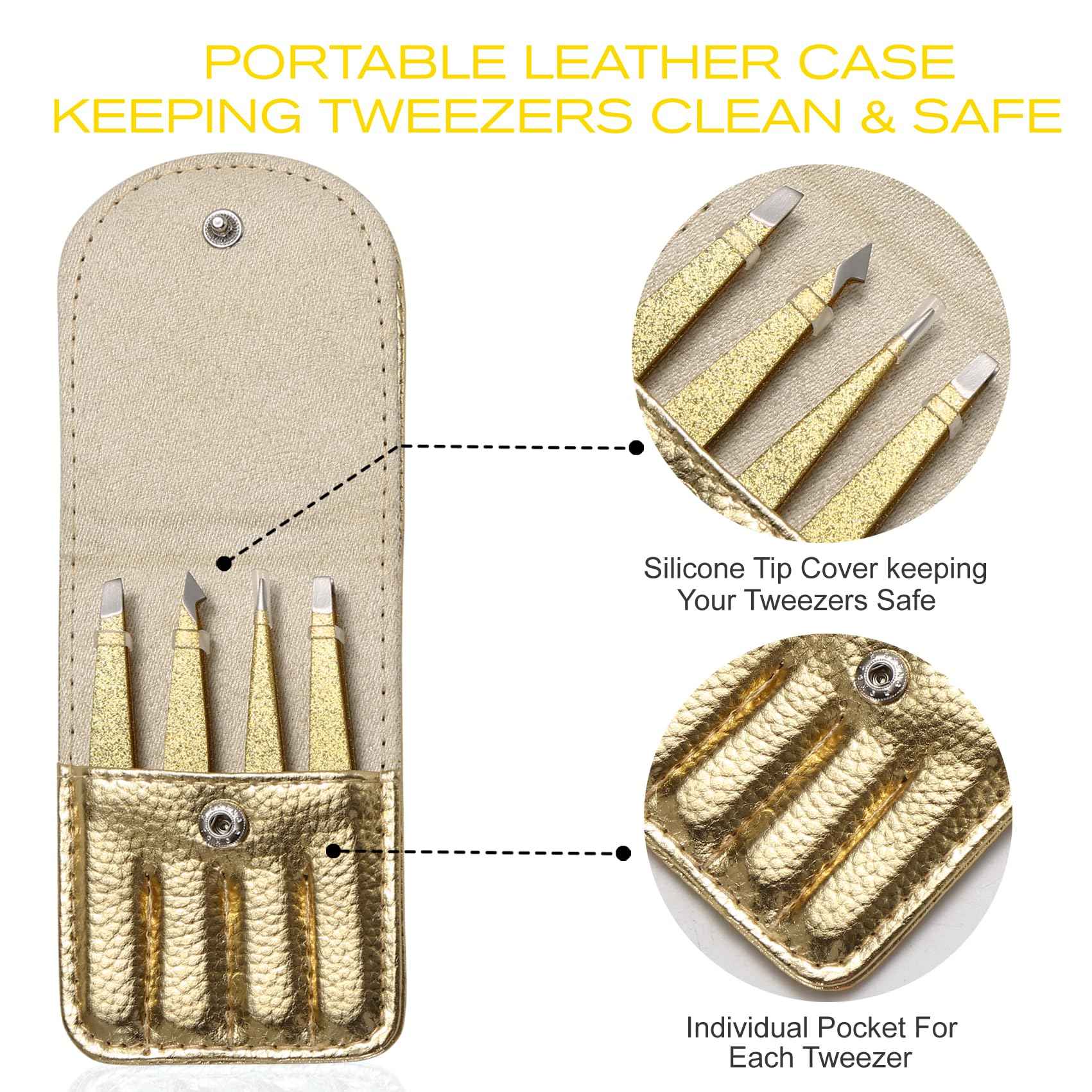 FungChoi 4-Pcs Glitter Stainless Steel Precision Tweezer Set for Eyebrows, Ingrown Hair & Lash Extensions (Gold)