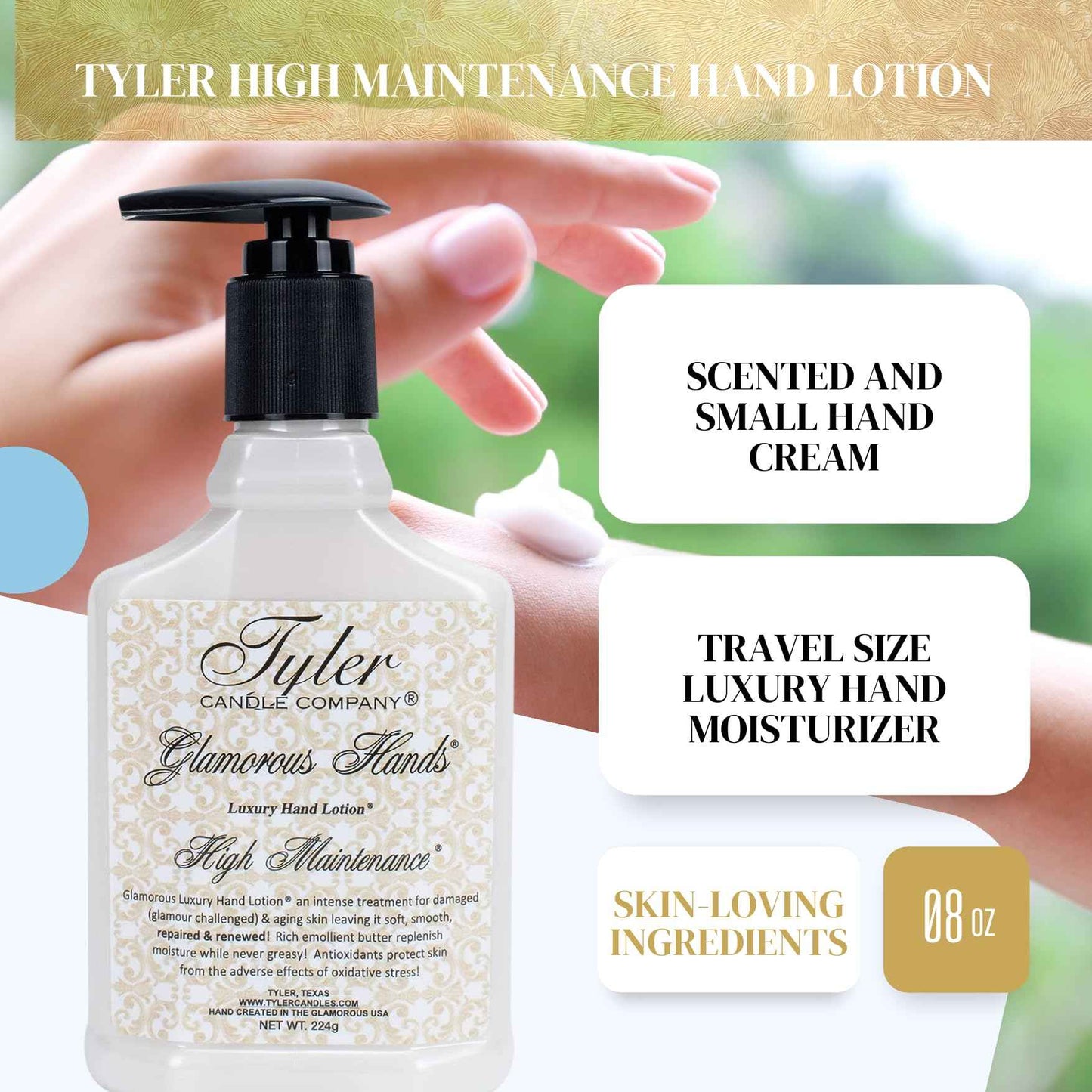 Worldwide Nutrition Bundle: Tyler High Maintenance Hand Lotion - Scented and Small Hand Cream For Dry Hands - 8 Oz Travel Size Luxury Hand Moisturizer and Multi-Purpose Key Chain