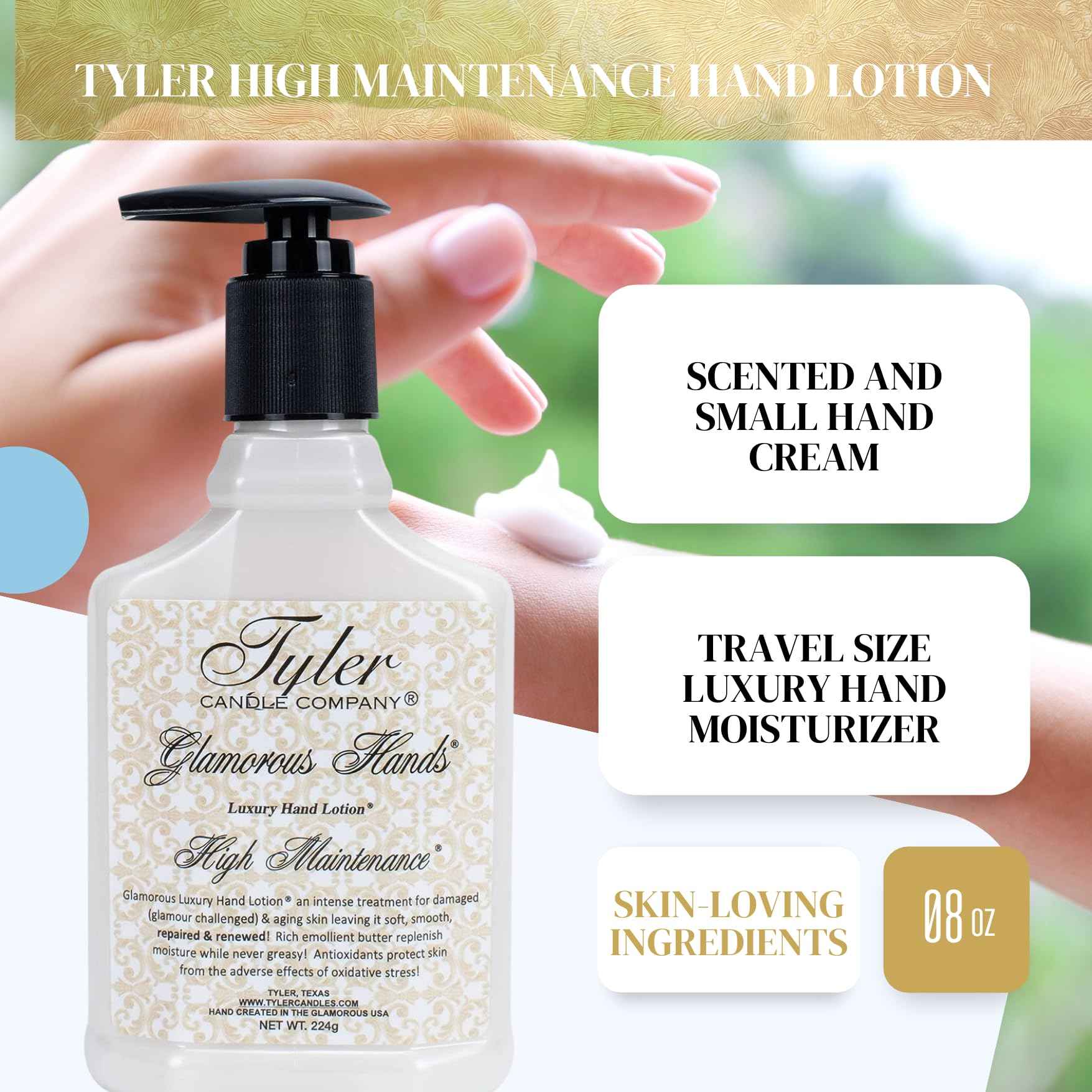 Worldwide Nutrition Bundle: Tyler High Maintenance Hand Lotion - Scented and Small Hand Cream For Dry Hands - 8 Oz Travel Size Luxury Hand Moisturizer and Multi-Purpose Key Chain