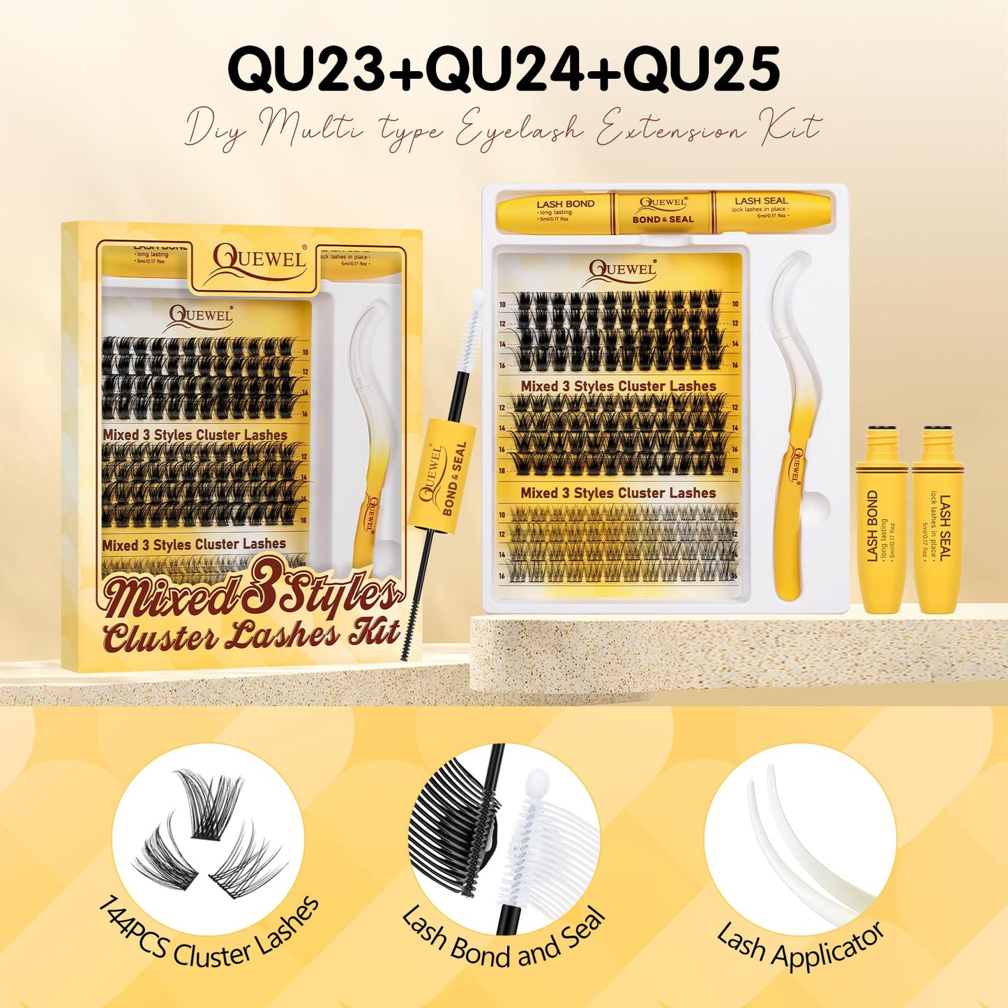 QUEWEL Lash Clusters Kit Multi-type Mixed Eyelash Clusters 144Pcs with Lash Bond and Seal, Cluster Lashes Tweezers, DIY Lash Extensions Kit can Create Kinds of Effects for personal(Style-B-PL2)