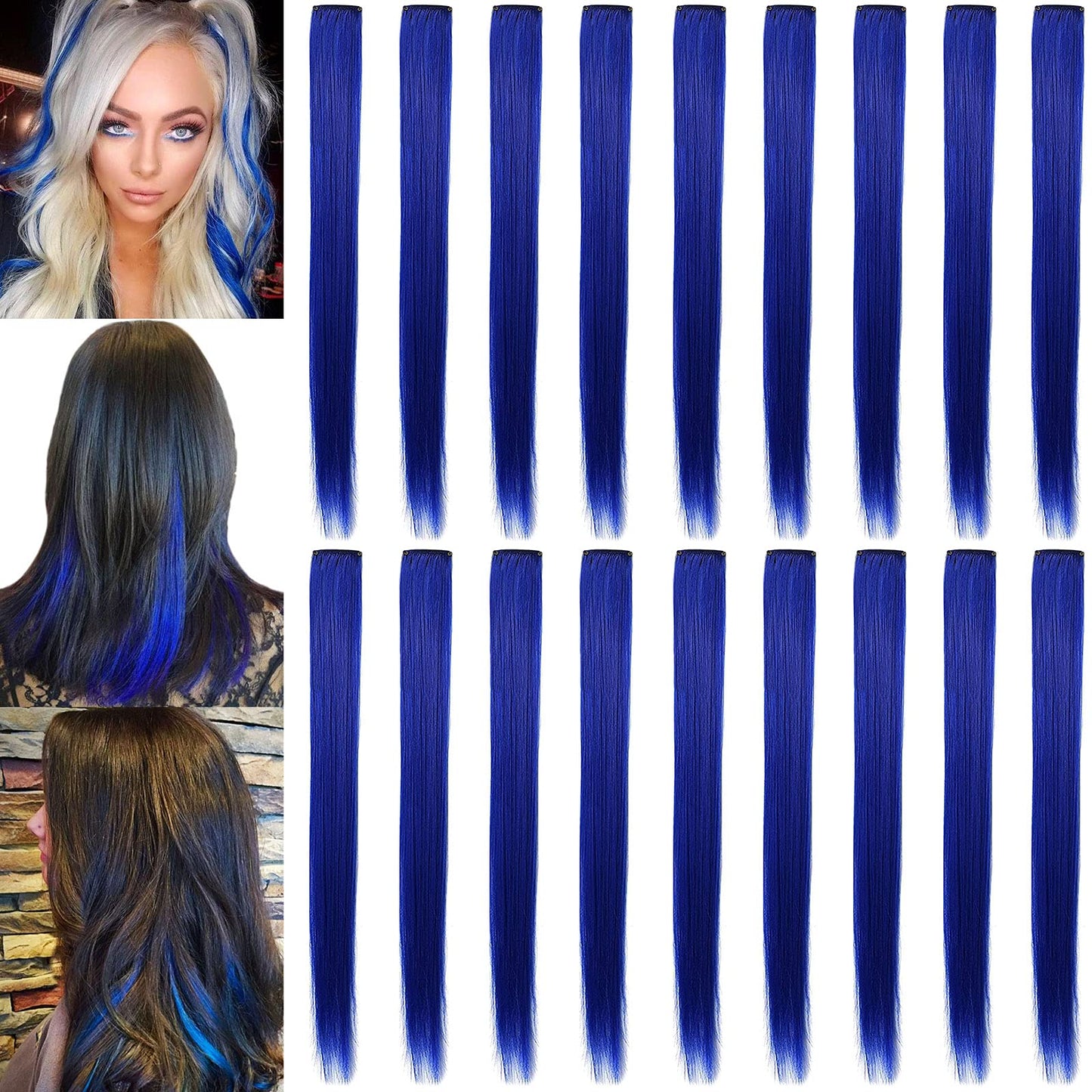 XIRRWWH 16 Pcs 21 Inch Colored Hair Extensions Clip in,Blue Wigs Heat Resistant Straight Party High Gloss Blue Hair Accessories Gifts for Women (Sapphire blue)