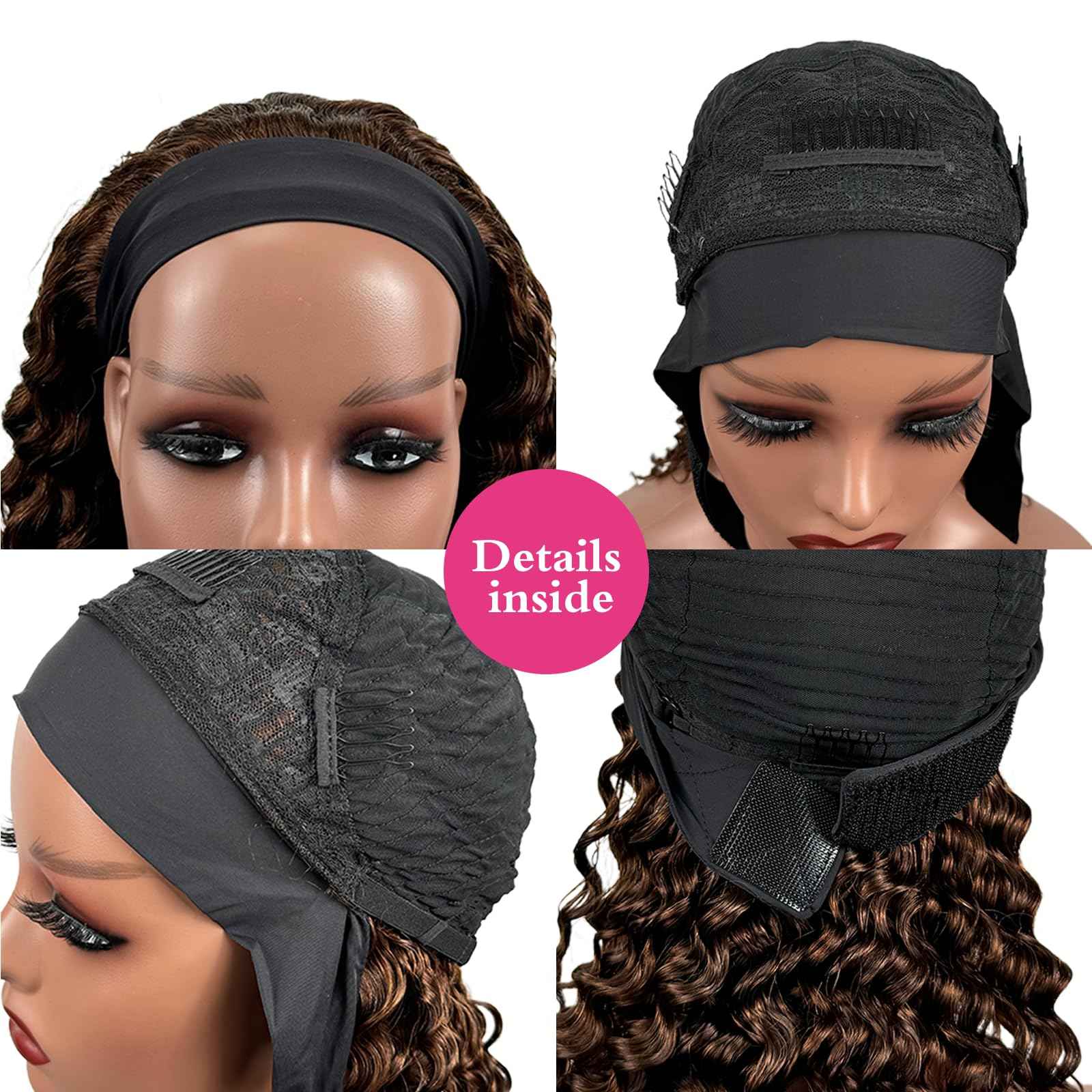 Lauberita Chocolate Brown Headband Wig Human Hair for Women #4 Deep Wave Headband Wig Glueless Curly Human Hair Wig 14 Inch