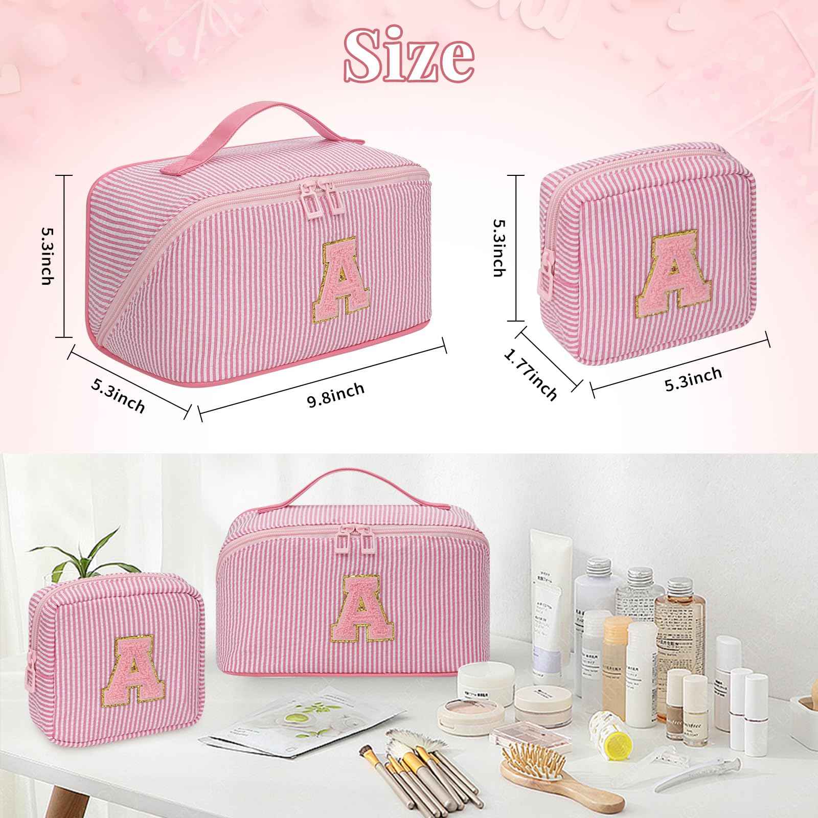 Travel Makeup Bag for Women, 2Pcs Portable Personalized Initial Makeup Organizer Bag, Open Flat Large Cosmetic Bag With Travel Essential Pouch (Pink Letter M)